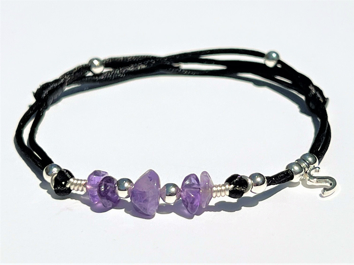Amethyst Bracelet with Initial Charm, Adjustable Waterproof Gemstone Gift for Her, Silver Be... - lifestyle photo