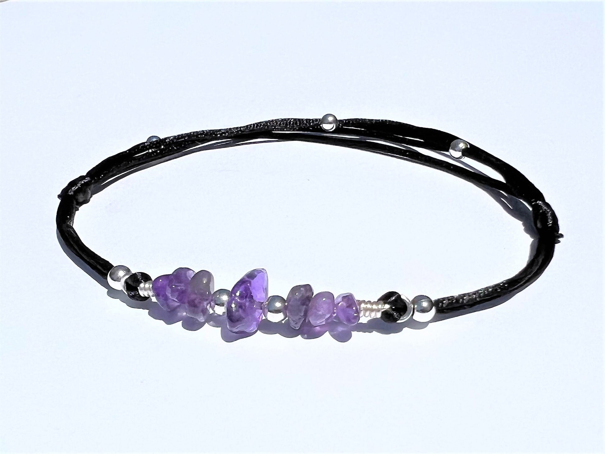 Amethyst Anklet with Silver Beads, Personalized Initial Charm, Adjustable Waterproof Ankle B... - worn view