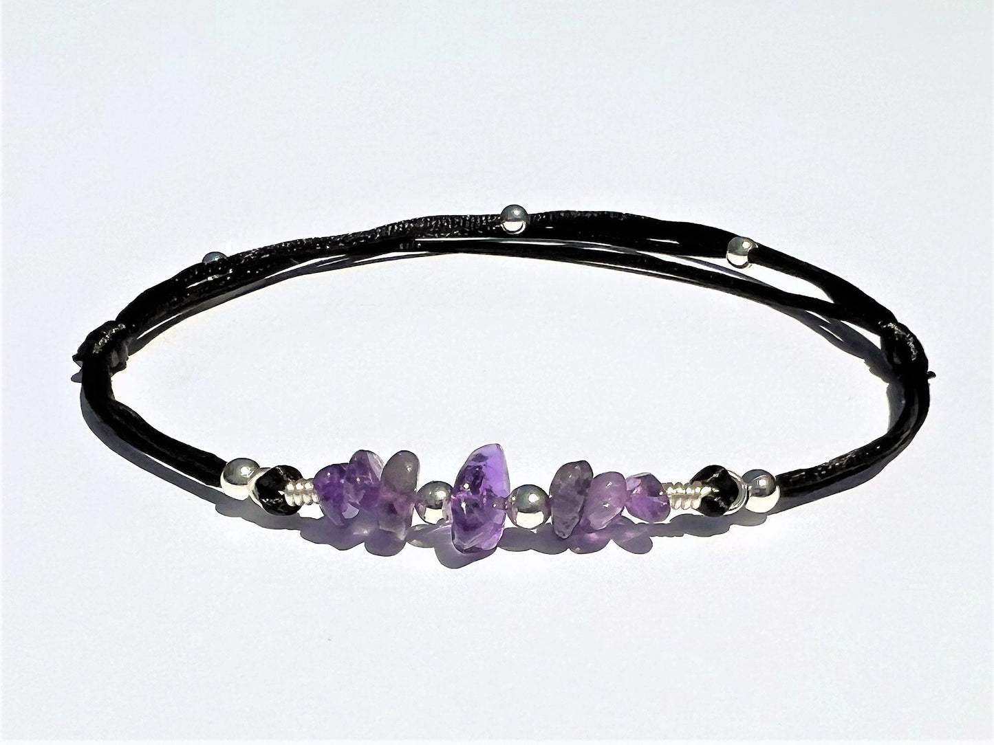 Amethyst Anklet with Silver Beads, Personalized Initial Charm, Adjustable Waterproof Ankle B... - lifestyle photo