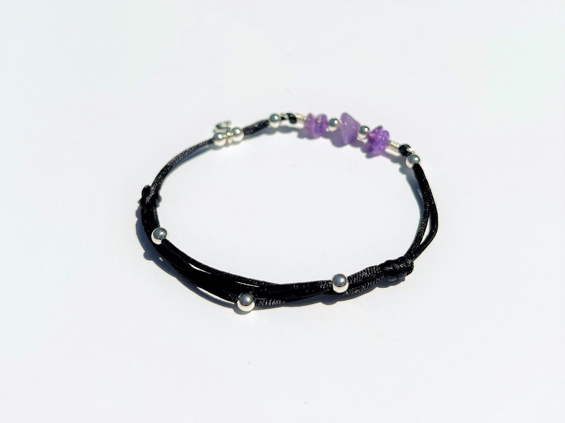 Amethyst Bracelet with Initial Charm, Adjustable Waterproof Gemstone Gift for Her, Silver Be... - side view