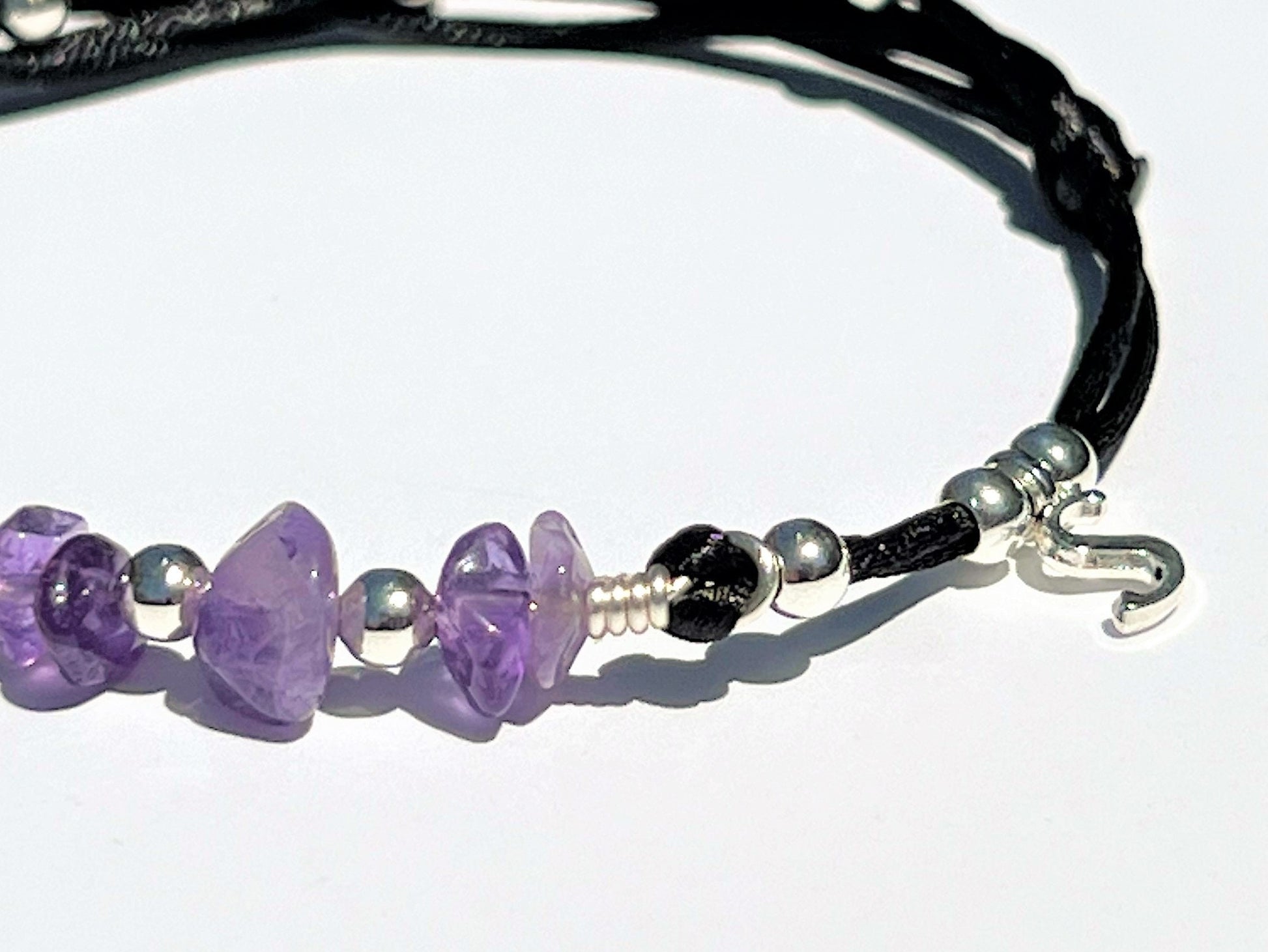 Amethyst Bracelet with Initial Charm, Adjustable Waterproof Gemstone Gift for Her, Silver Be... - worn view