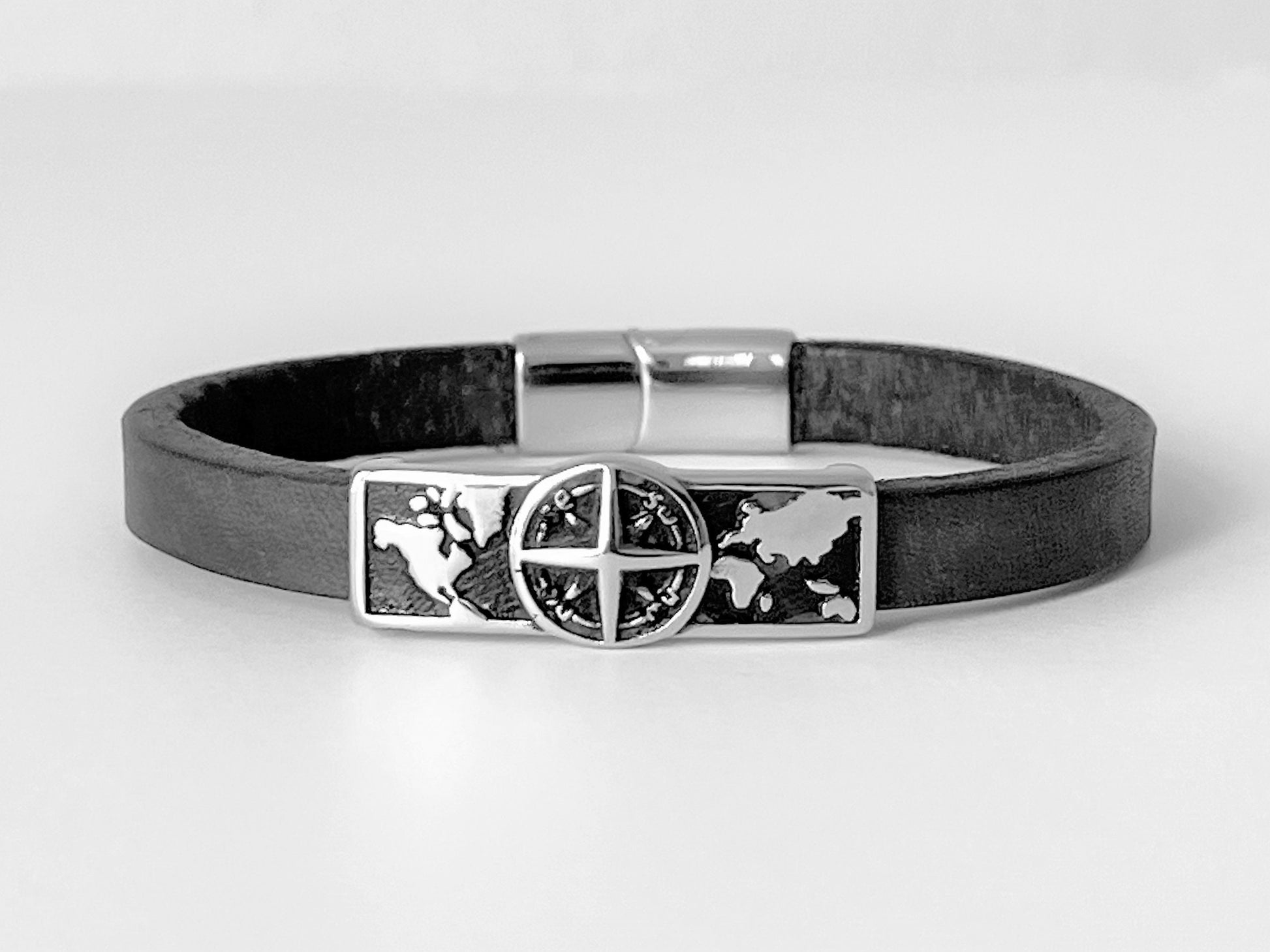 Black Leather bracelet with stainless steel Compass sliding charm and double locking clasp.