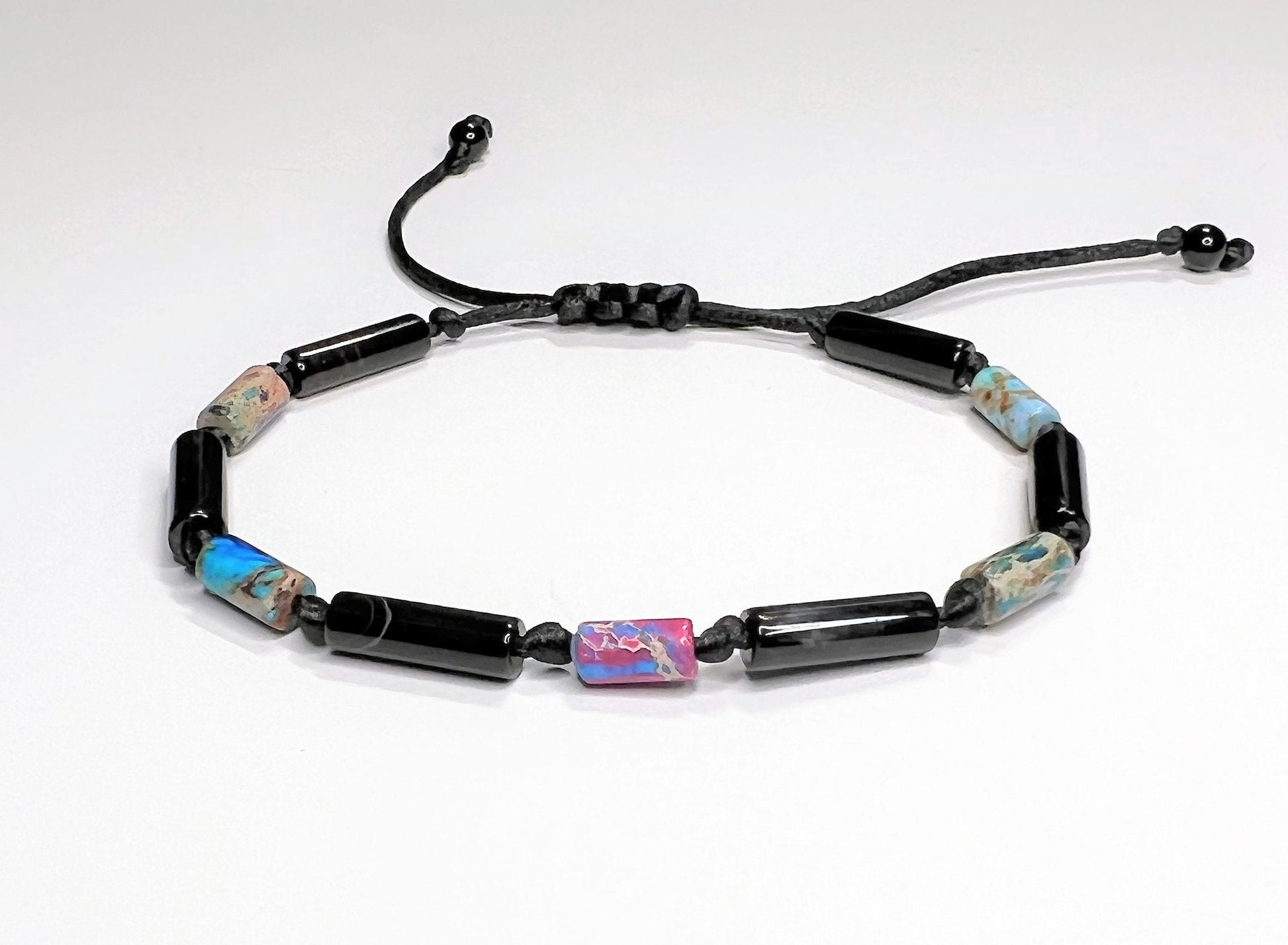 Black Onyx & Rainbow Jasper Tube Bracelet - on model