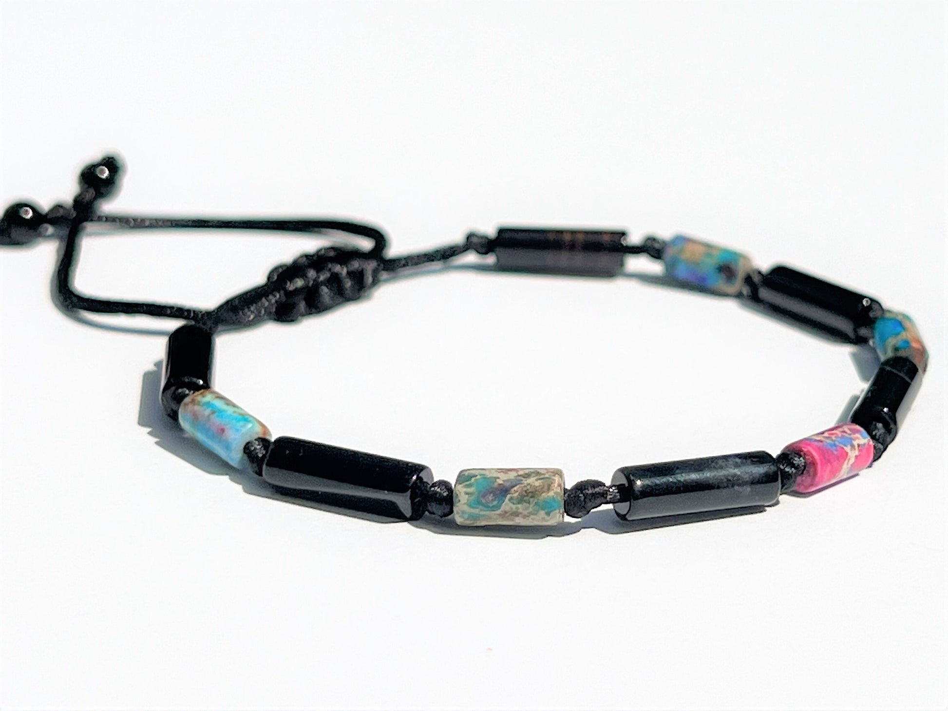 Black Onyx & Rainbow Jasper Tube Bracelet - gift packaging