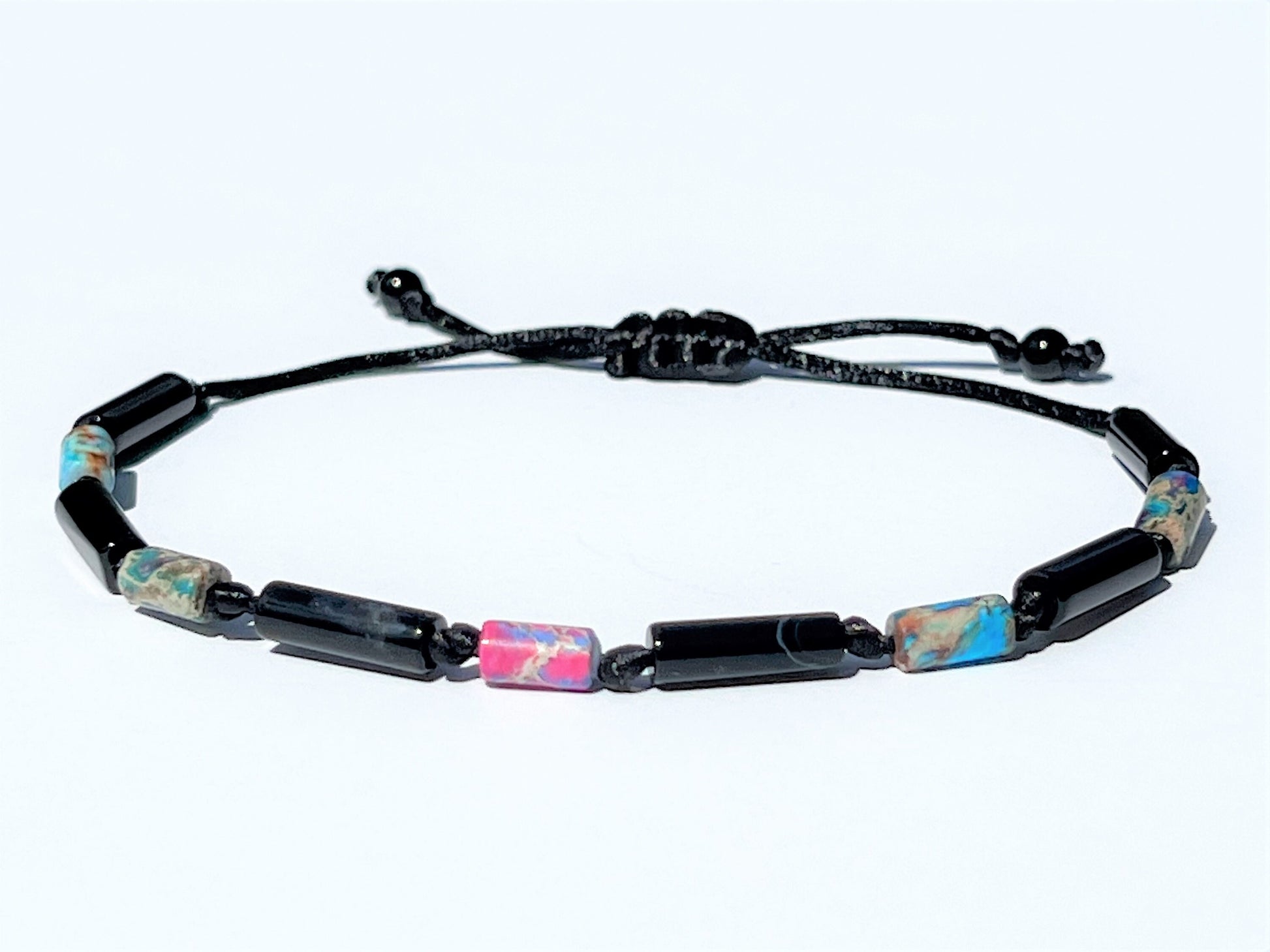 Black Onyx & Rainbow Jasper Tube Bracelet - side view