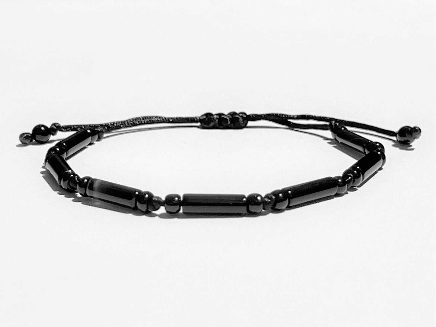Black Onyx Tube Bracelet, Adjustable Gemstone Bracelet with Initial, Personalized Gift - side view