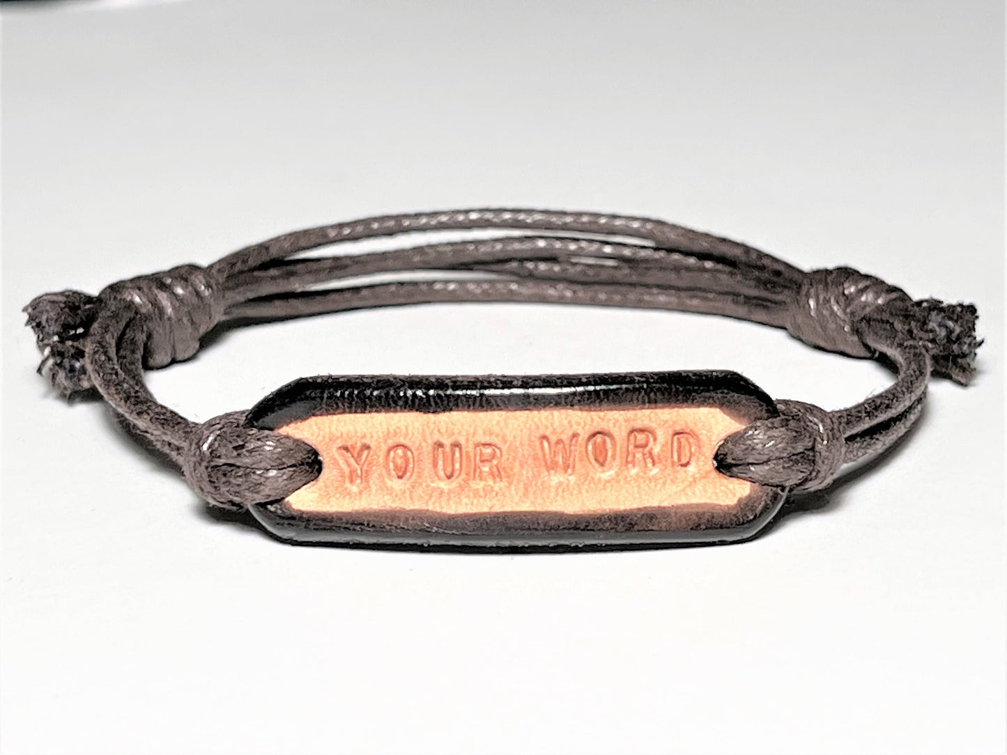 Custom Leather Name Bracelet for Men, Adjustable Rustic Cord Bracelet - worn view