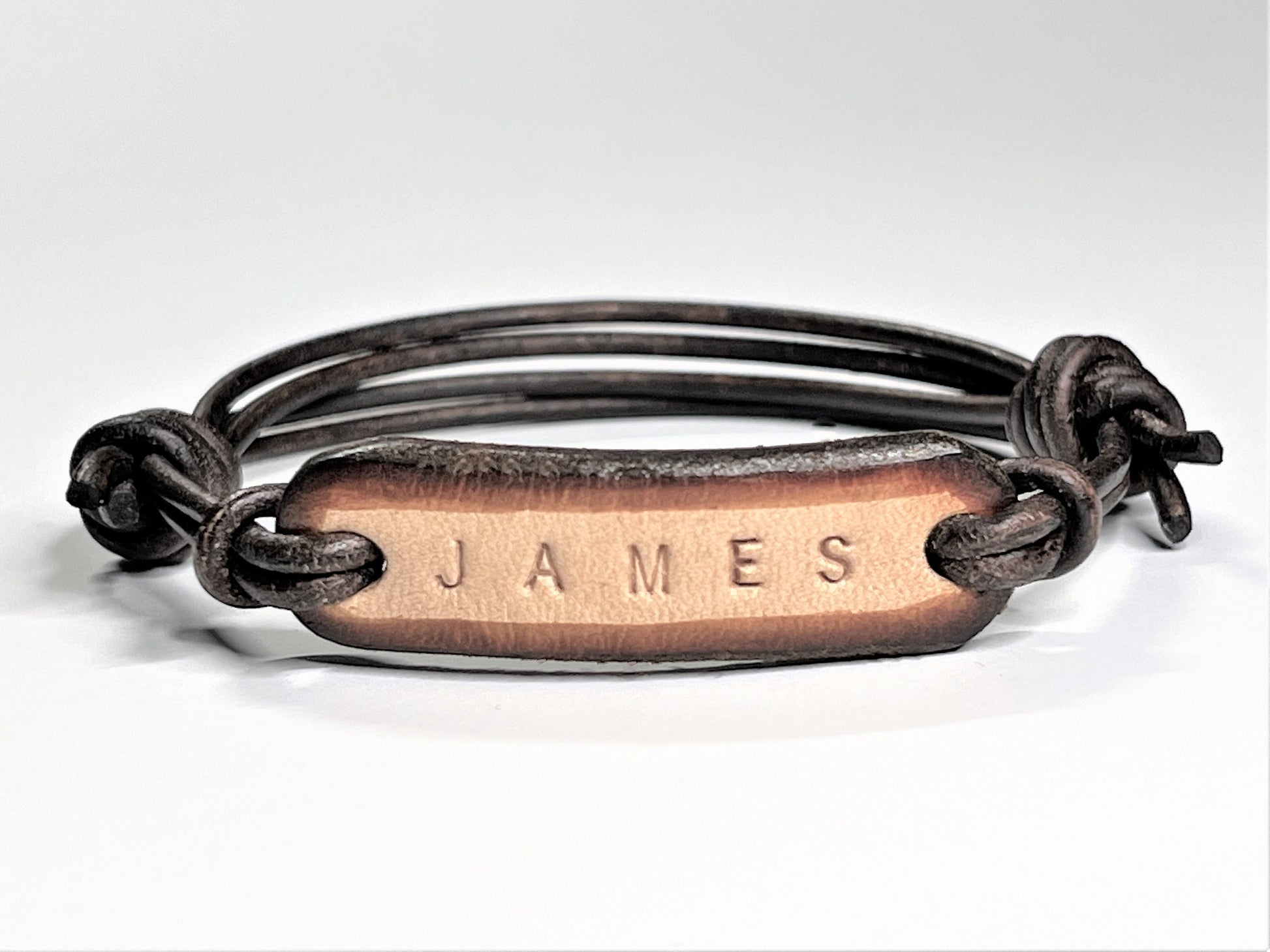 Custom Leather Name Bracelet for Men, Adjustable Rustic Cord Bracelet - on model