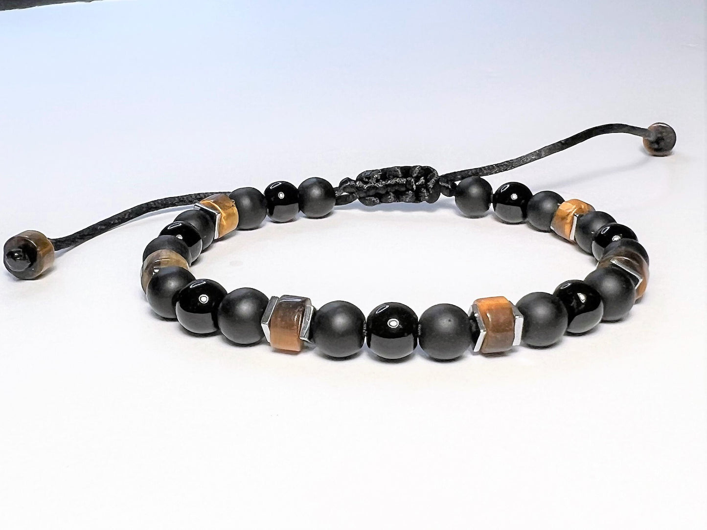 Tiger Eye & Tourmaline Protection Bracelet, Adjustable Waterproof Gemstone Gift for Him or Her - side view