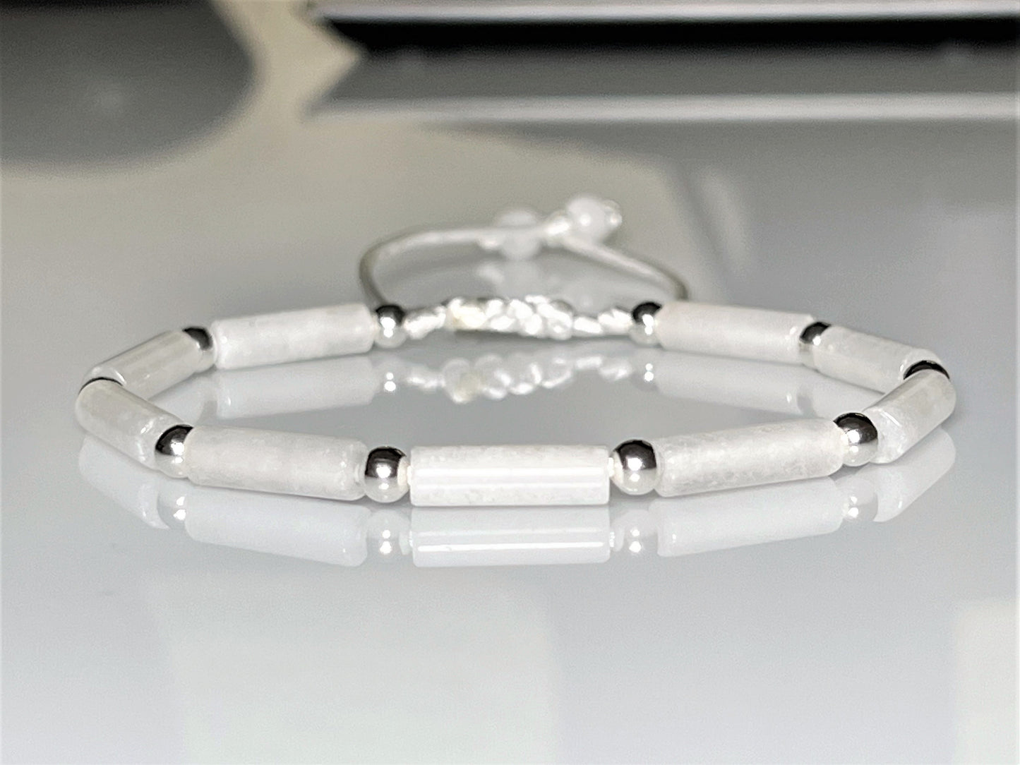 White Jade Gemstone Bracelet – Adjustable, Waterproof, Minimalist Bridal Jewelry with Silver Accents