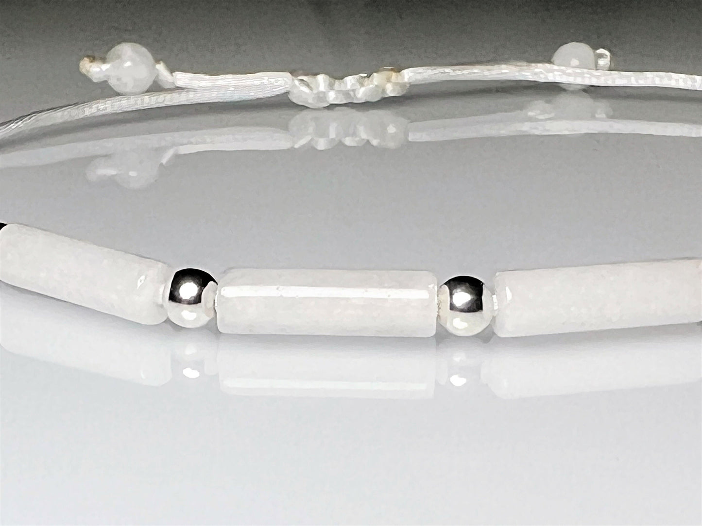 White Jade Gemstone Bracelet – Adjustable, Waterproof, Minimalist Bridal Jewelry with Silver Accents