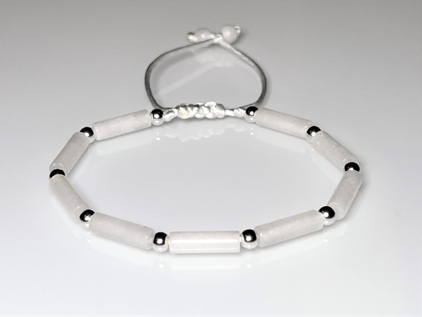 White Jade Gemstone Bracelet – Adjustable, Waterproof, Minimalist Bridal Jewelry with Silver Accents