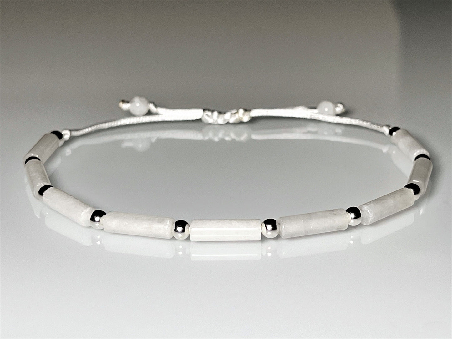 White Jade Gemstone Bracelet – Adjustable, Waterproof, Minimalist Bridal Jewelry with Silver Accents