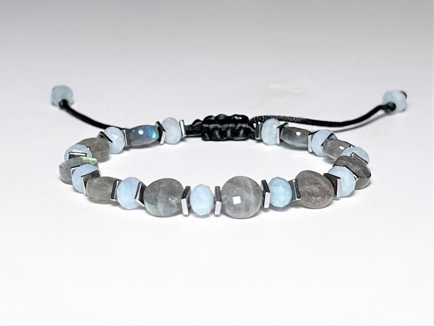 Labradorite & Aquamarine Bracelet, Adjustable Waterproof Crystal Jewelry, Unisex Healing Gif... - on model