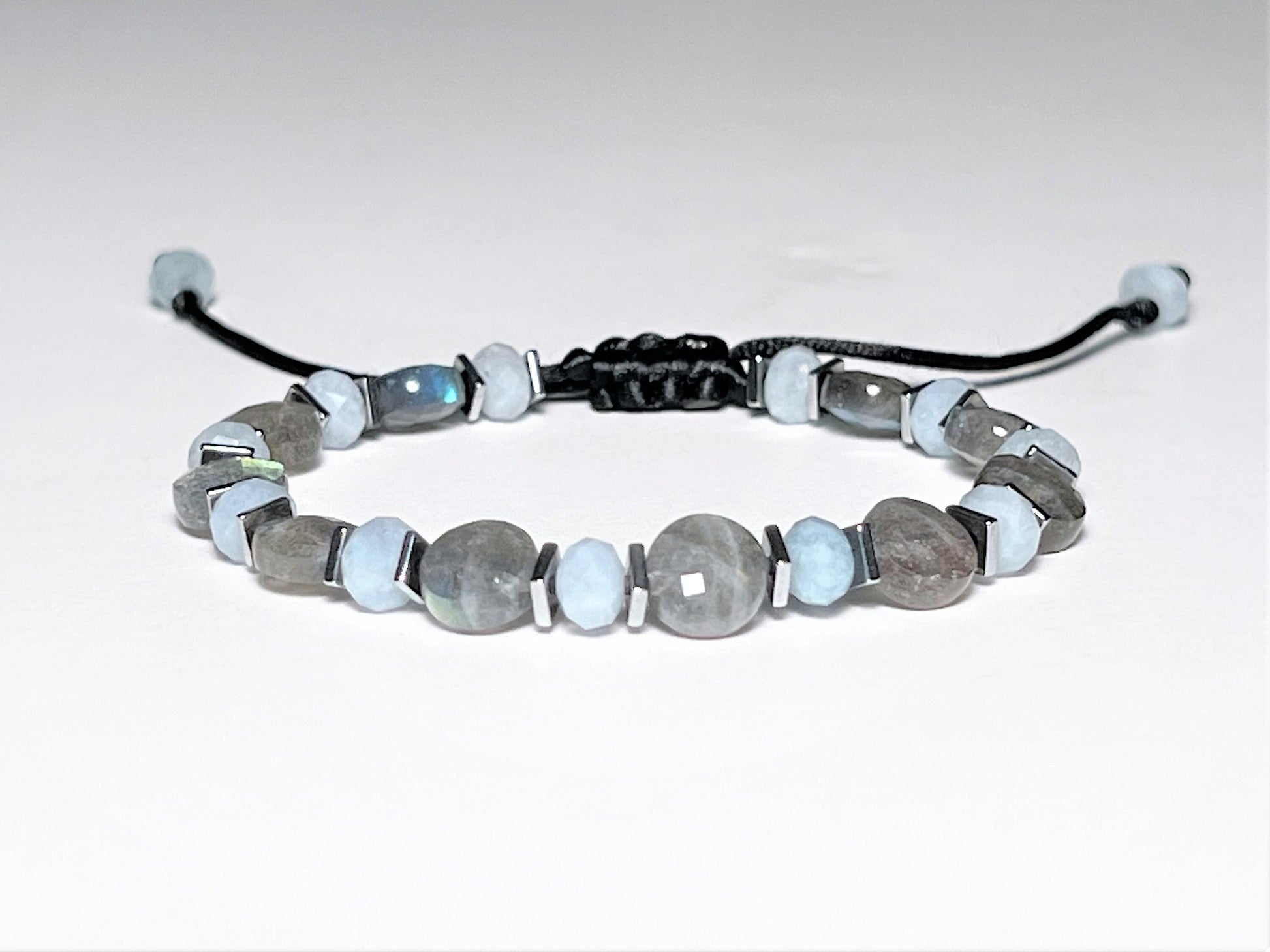 Labradorite & Aquamarine Bracelet, Adjustable Waterproof Crystal Jewelry, Unisex Healing Gif... - on model