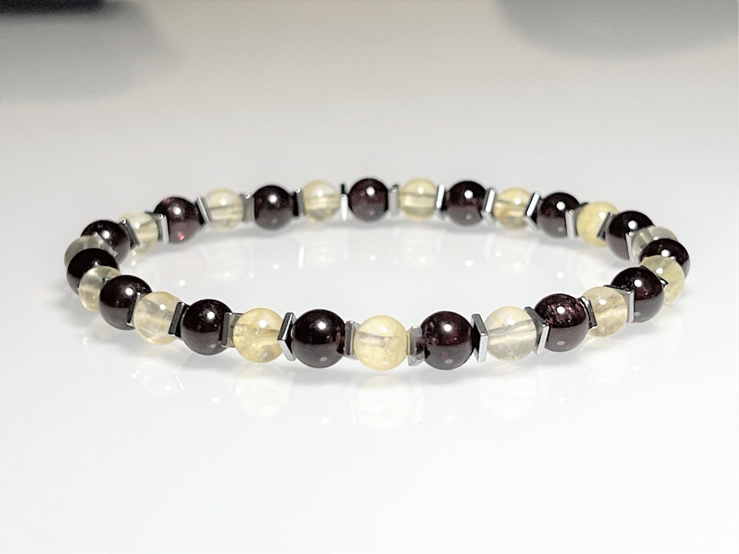 Citrine & Garnet Gemstone Bracelet: Hematite Accent, Custom Stretch Jewelry - side view