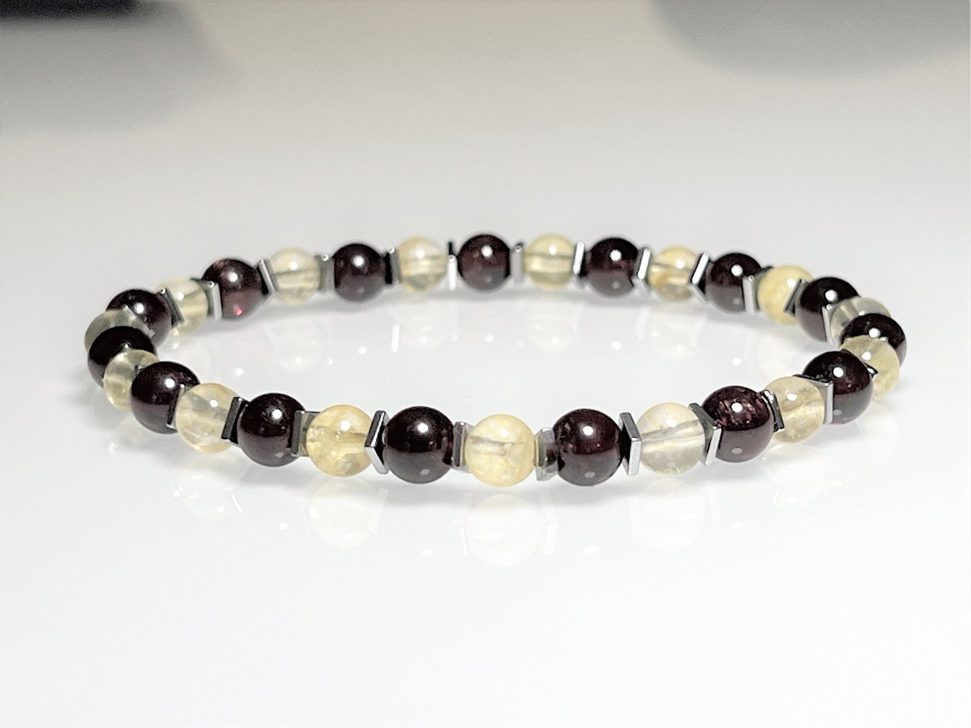Citrine & Garnet Gemstone Bracelet: Hematite Accent, Custom Stretch Jewelry - side view