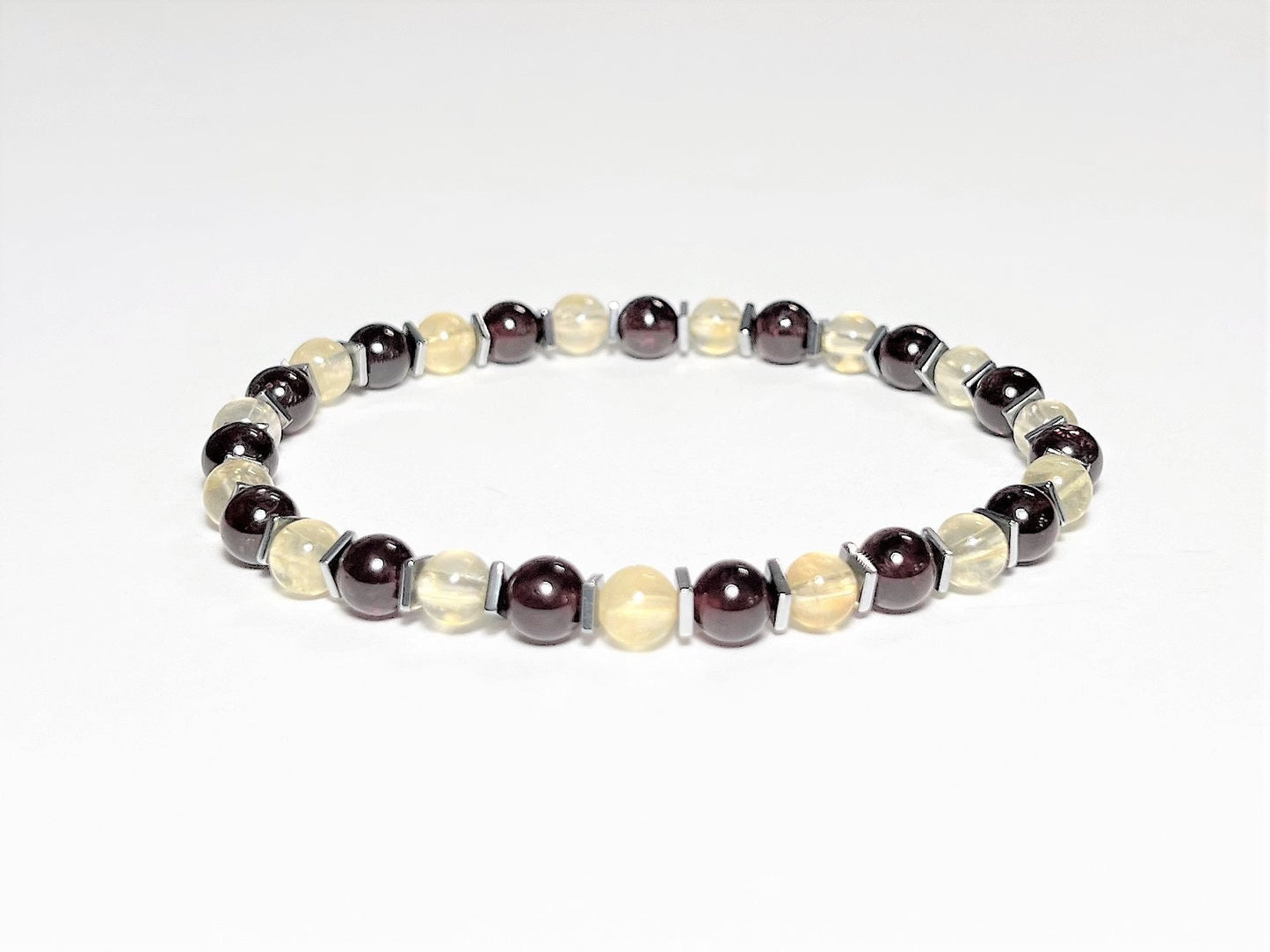 Citrine & Garnet Gemstone Bracelet: Hematite Accent, Custom Stretch Jewelry - worn view