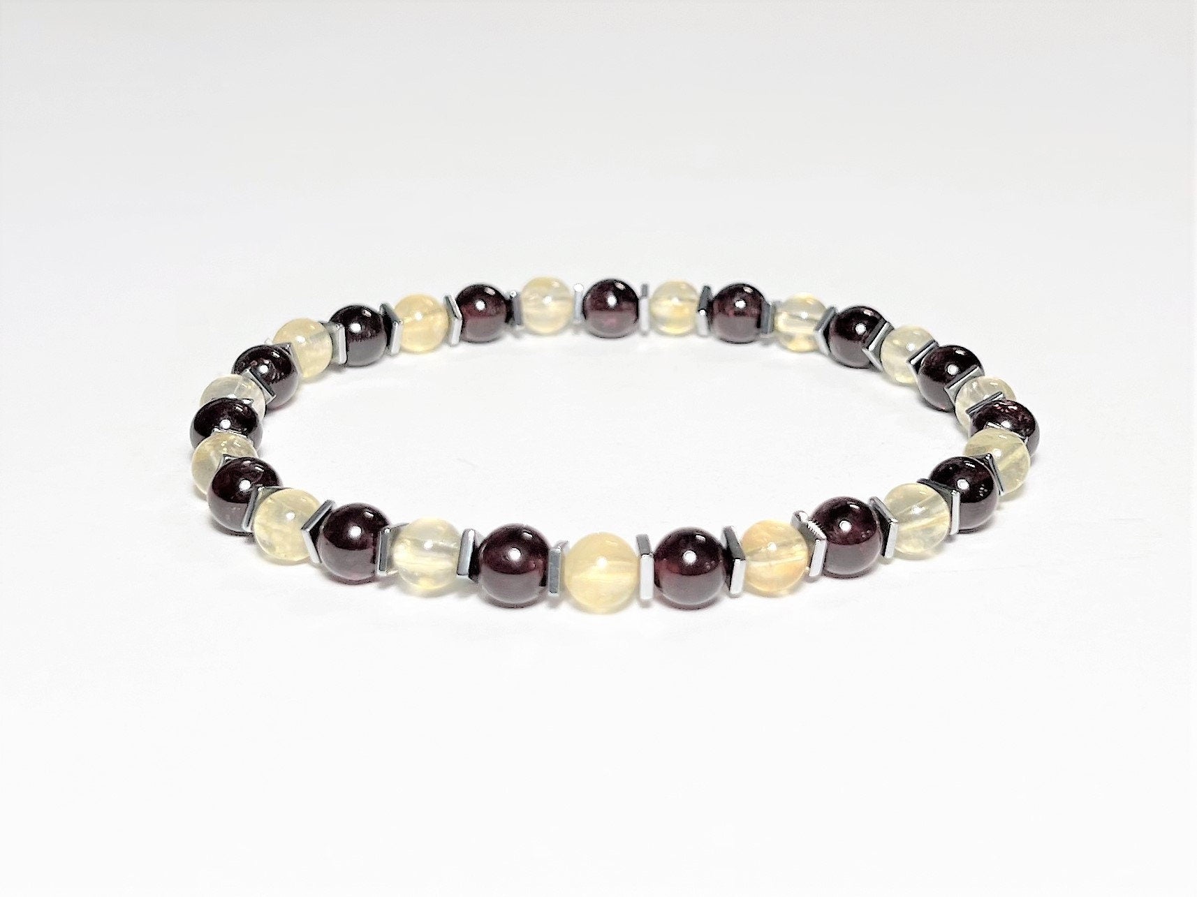 Citrine & Garnet Gemstone Bracelet: Hematite Accent, Custom Stretch Jewelry - worn view