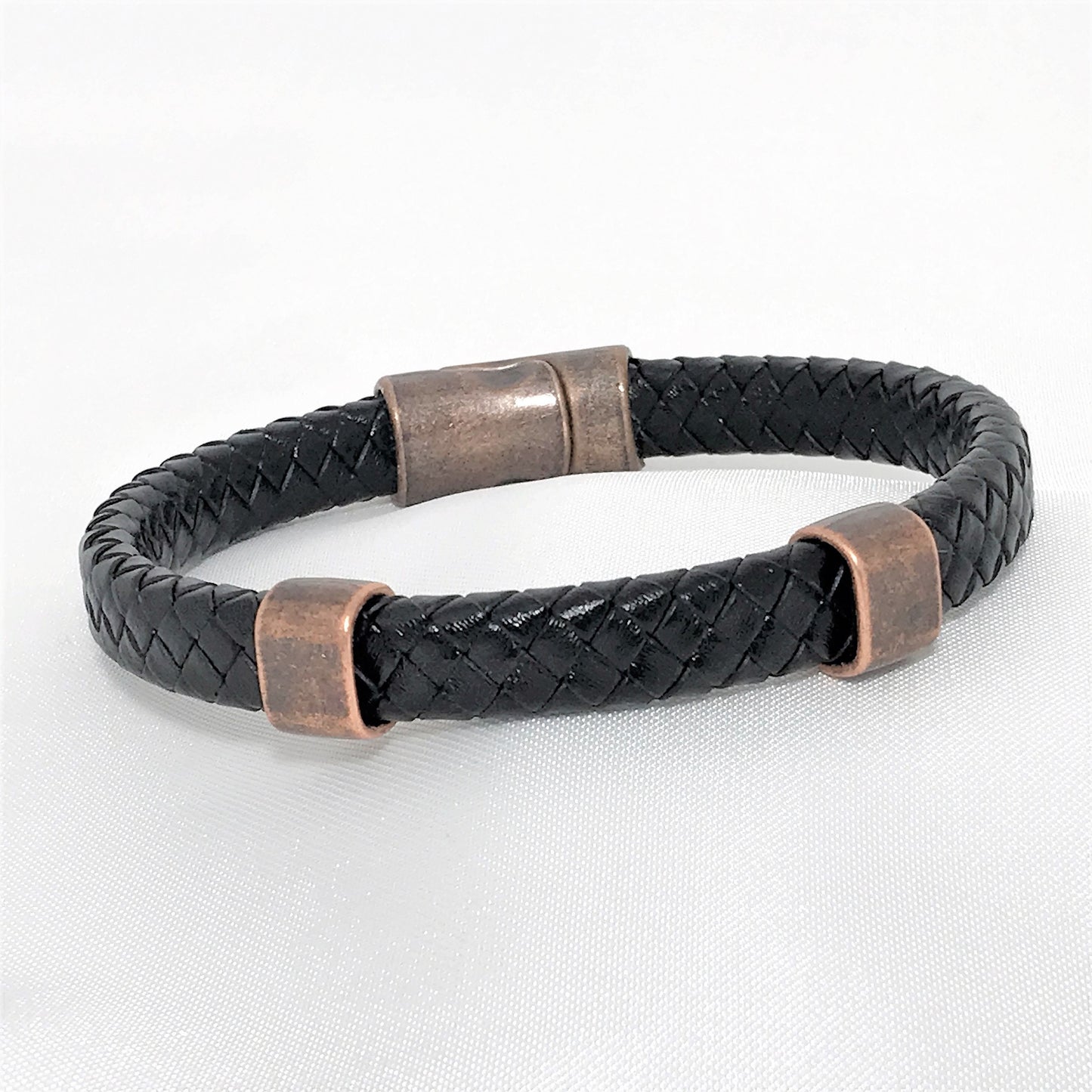 Braided Leather Bracelet with Antique Copper & Magnetic Clasp – Personalized Hidden Engravings, Custom Leather Anniversary Gift