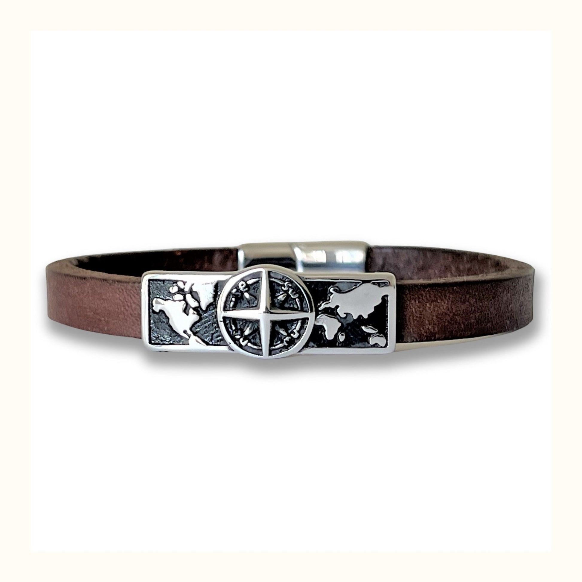 Handmade Brown Leather Bracelet with a Stainless Steel Compass Charm. Dual Magnetic Clasp, Tailored for Both Men & Women. The Perfect Gift for Wanderlust Souls and Leather Anniversaries. Personalized Sizes & Initial Stamping. Crafted in Texas.
