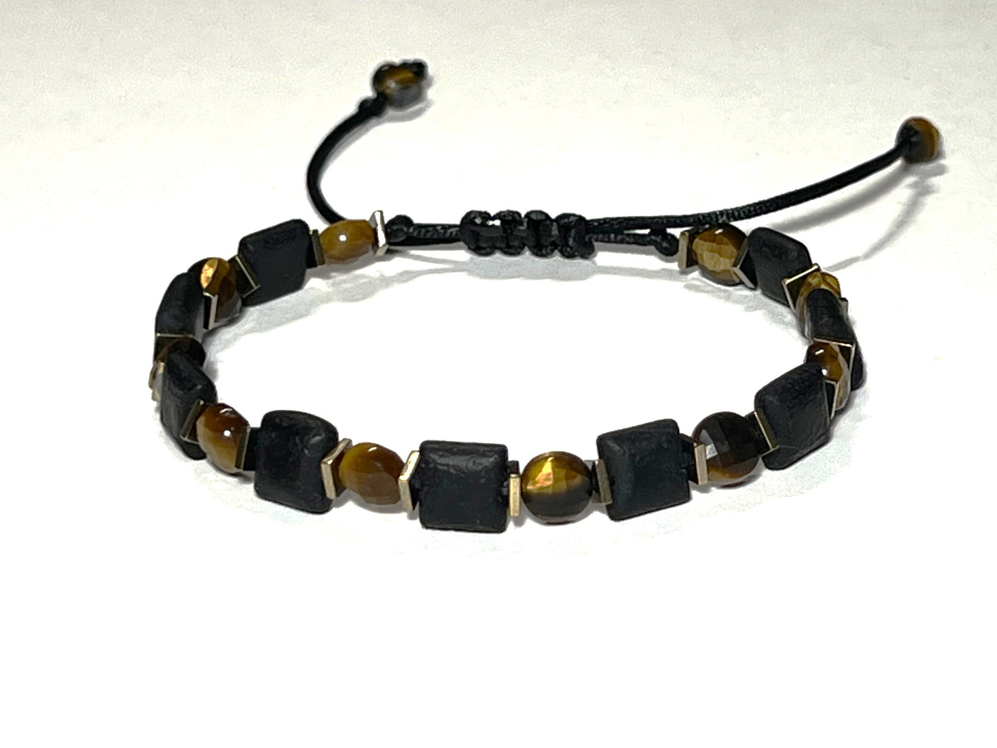 Natural Black Agate, Tiger Eye and Hematite Adjustable Bracelet for Men and Women, Triple Pr... - side view