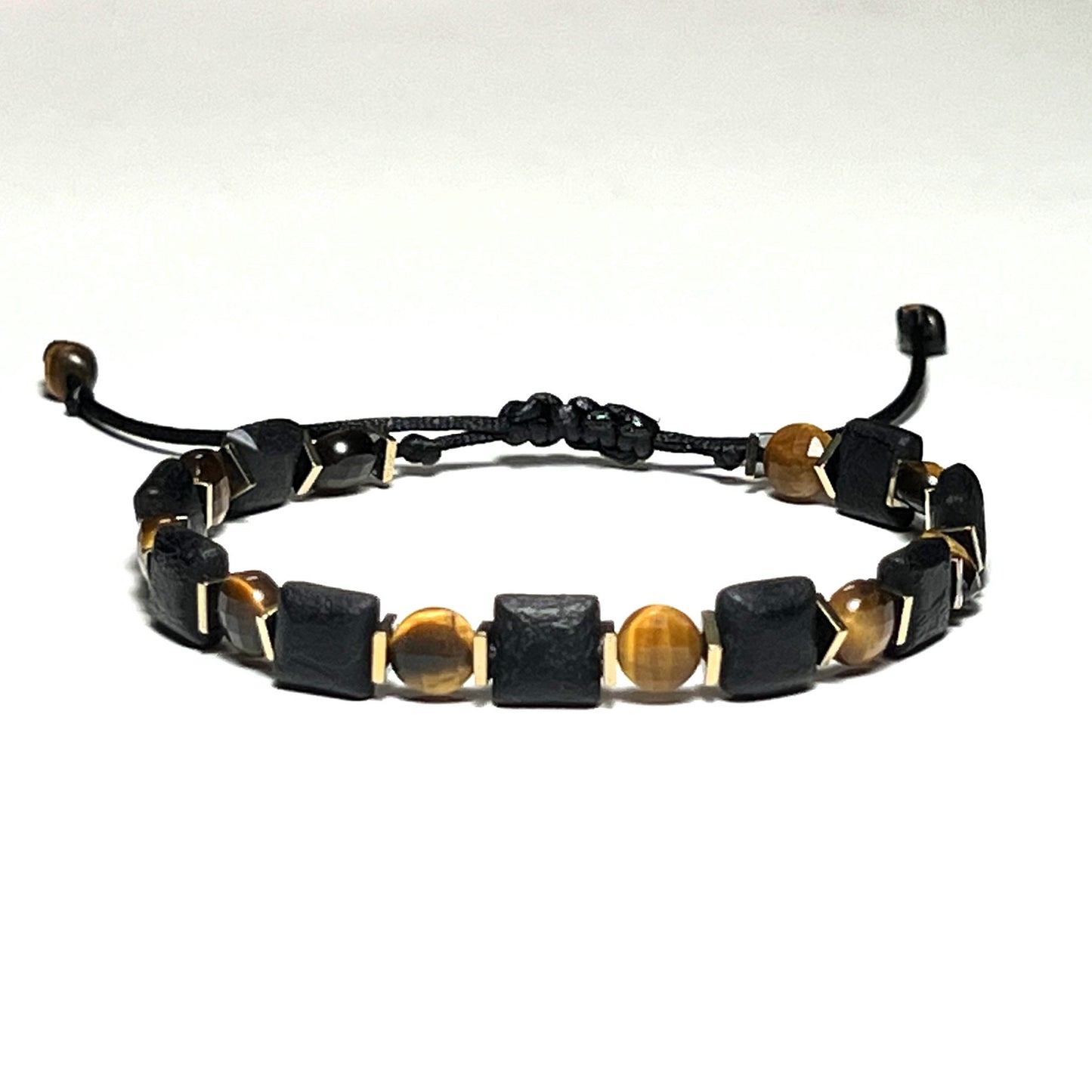 Natural Black Agate, Tiger Eye and Hematite Adjustable Bracelet for Men and Women, Triple Pr... - worn view