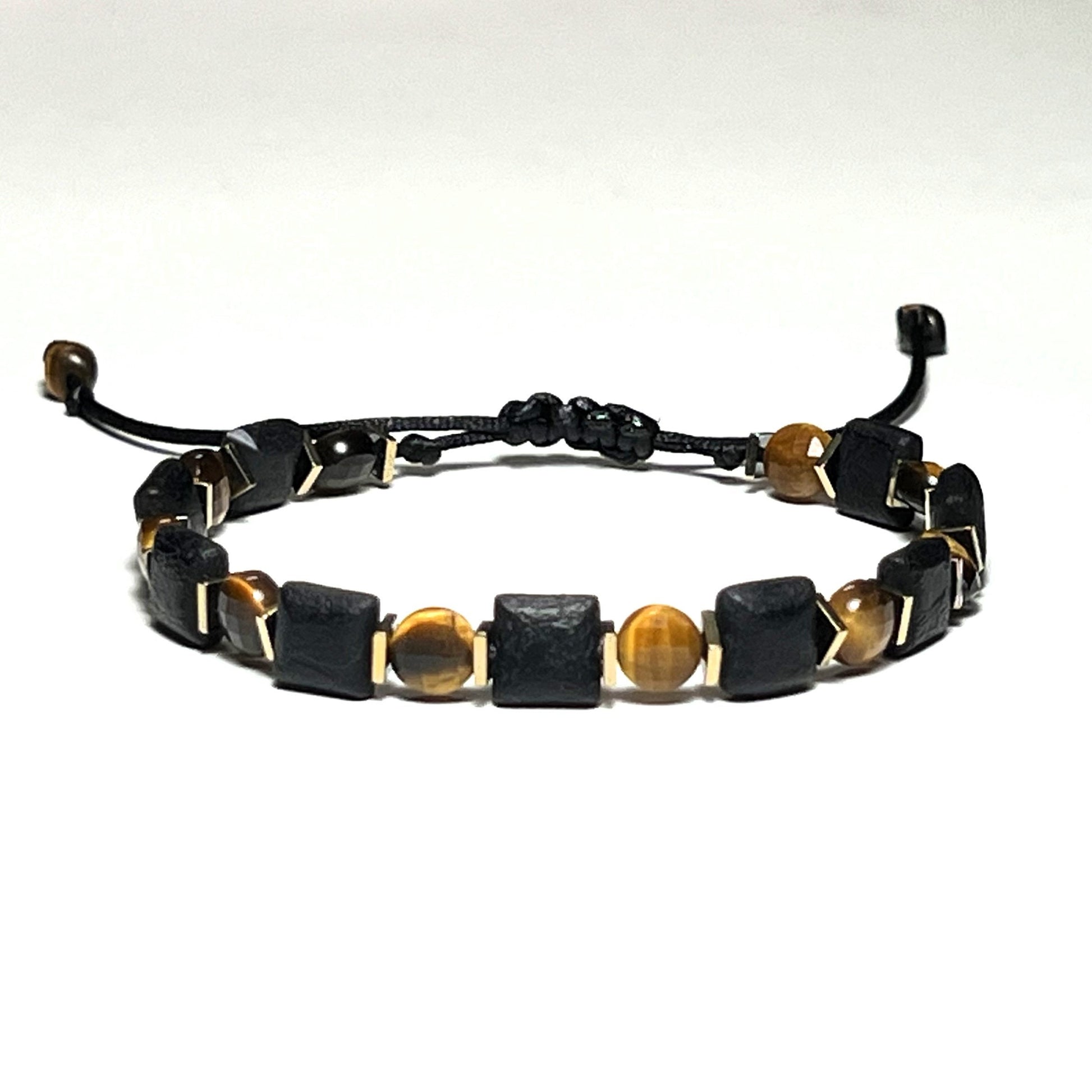 Natural Black Agate, Tiger Eye and Hematite Adjustable Bracelet for Men and Women, Triple Pr... - worn view