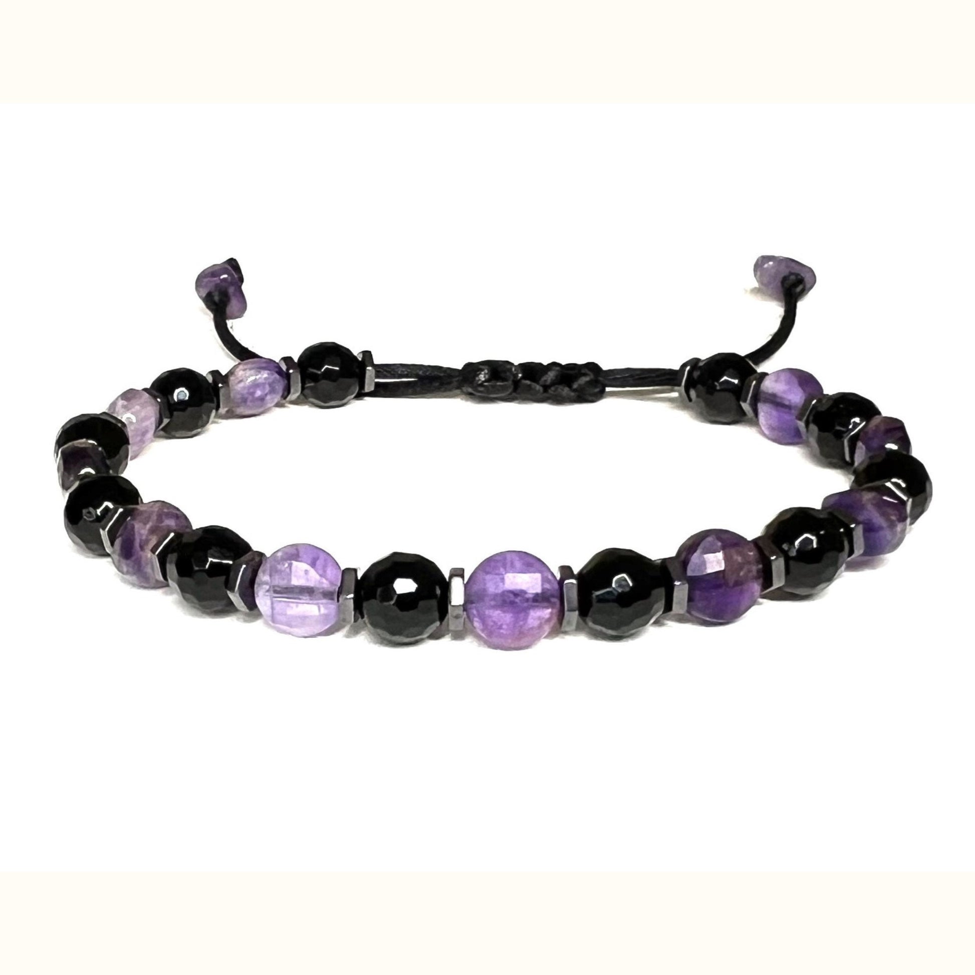 Adjustable Amethyst and black Onyx Bracelet features a waterproof design, 6mm faceted natural gemstones, and hematite accents for daily wear. It's believed to aid emotional healing, promote tranquility, and enhance spiritual awareness.