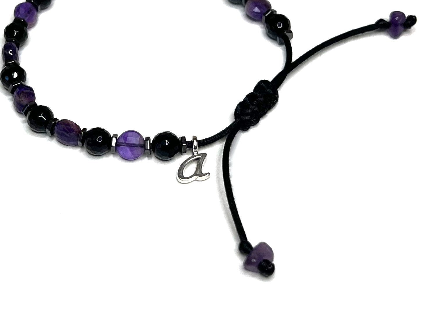 Amethyst & Black Onyx Bracelet, Adjustable Waterproof Gemstone Jewelry, Unisex Healing Gift ... - photo 8