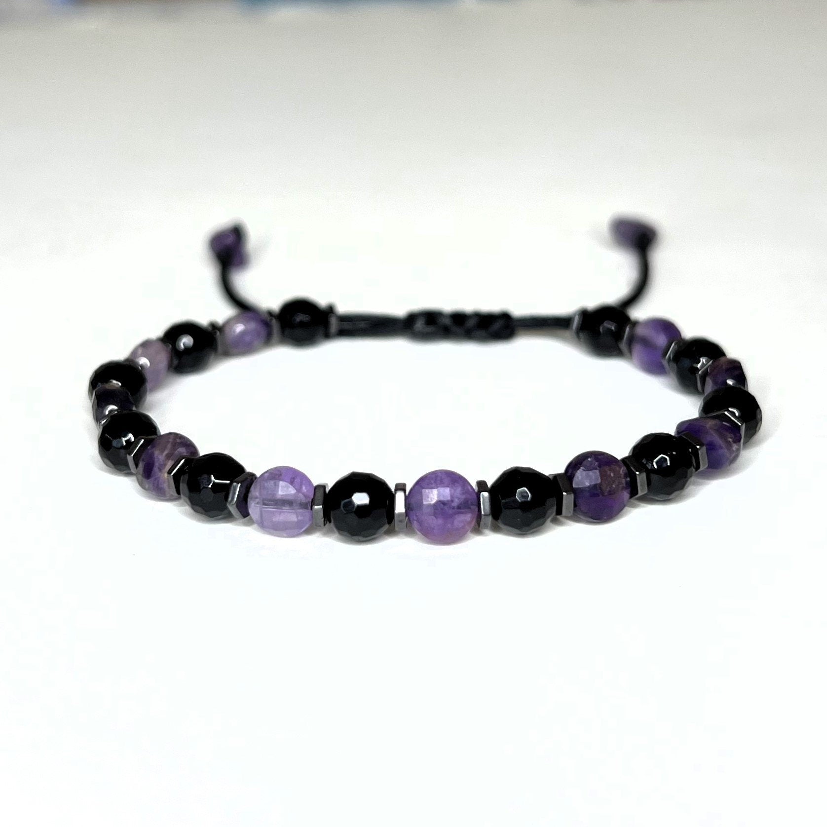 Amethyst & Black Onyx Bracelet, Adjustable Waterproof Gemstone Jewelry, Unisex Healing Gift ... - lifestyle photo