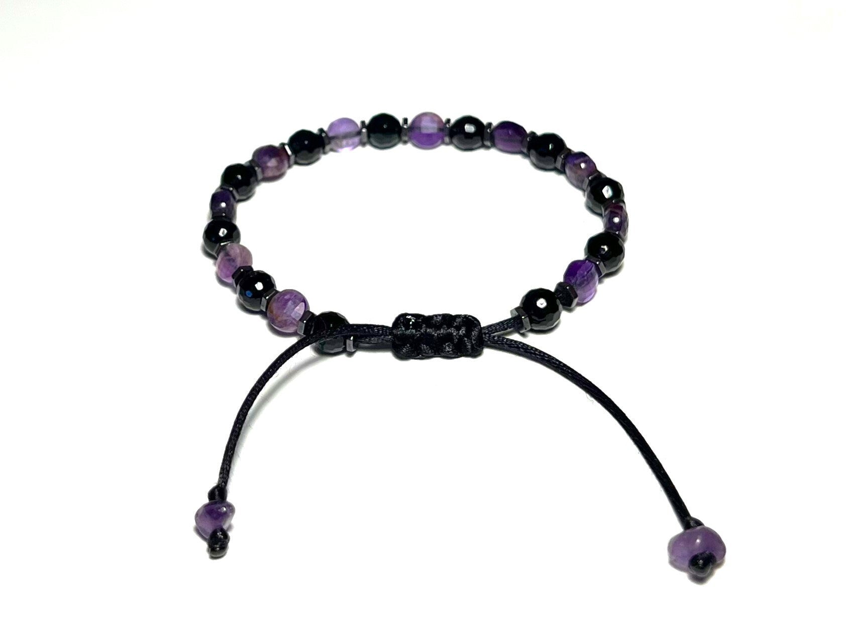Amethyst & Black Onyx Bracelet, Adjustable Waterproof Gemstone Jewelry, Unisex Healing Gift ... - side view