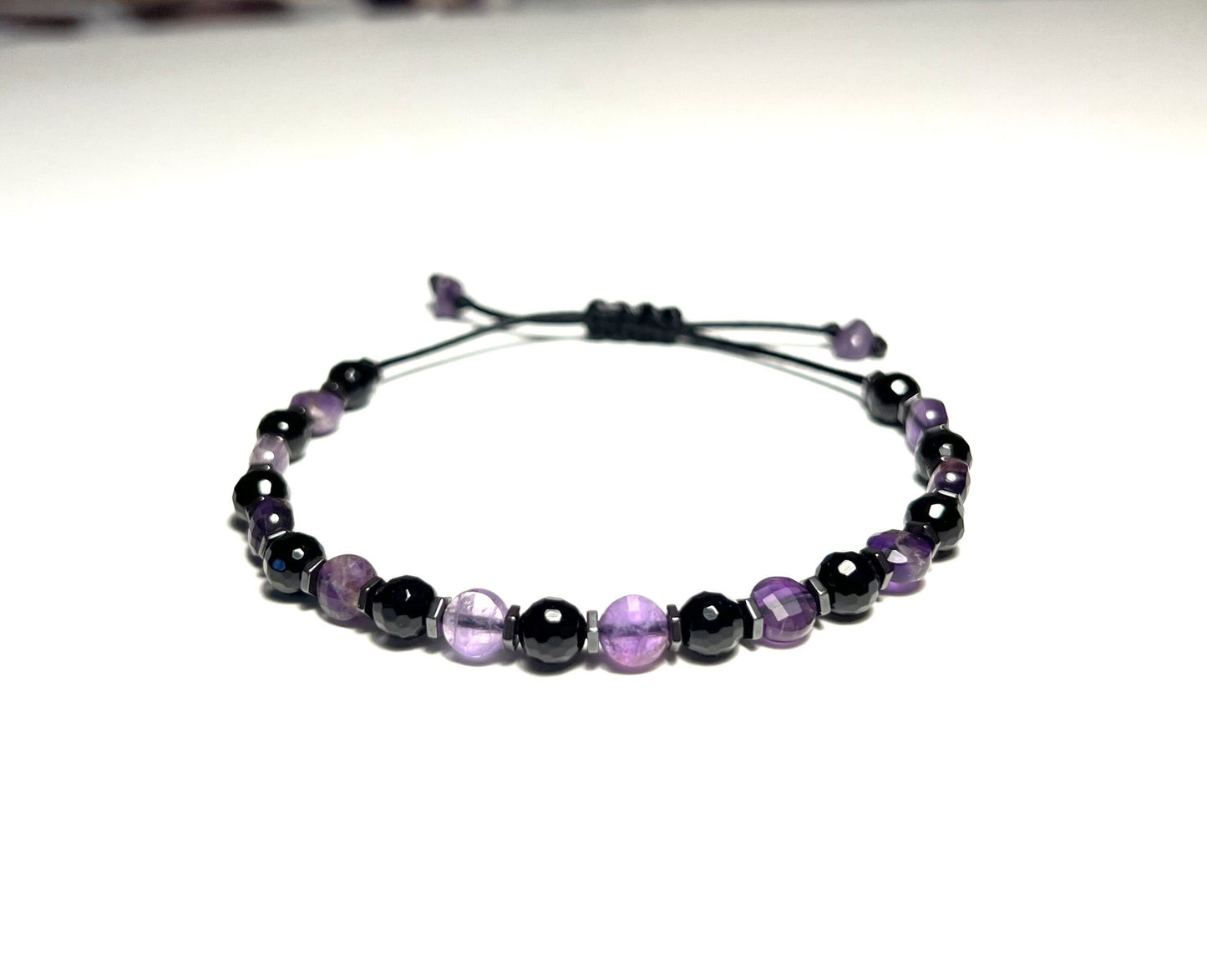Amethyst & Black Onyx Bracelet, Adjustable Waterproof Gemstone Jewelry, Unisex Healing Gift ... - on model
