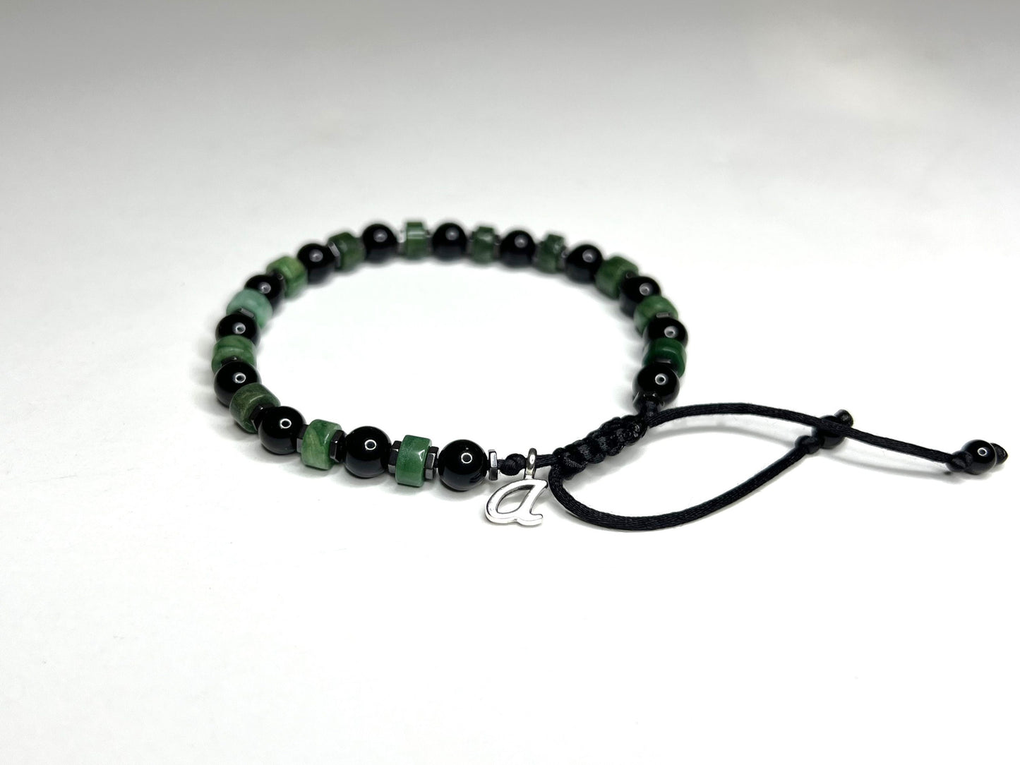 Green Jade & Black Onyx Bracelet, Adjustable and Waterproof Gemstone Bracelet with Initial