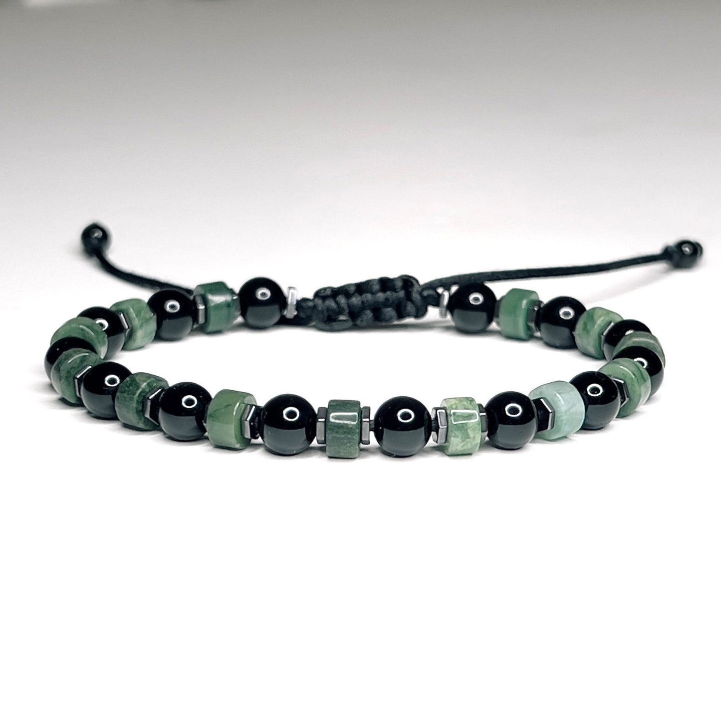 Green Jade & Black Onyx Bracelet, Adjustable and Waterproof Gemstone Bracelet with Initial