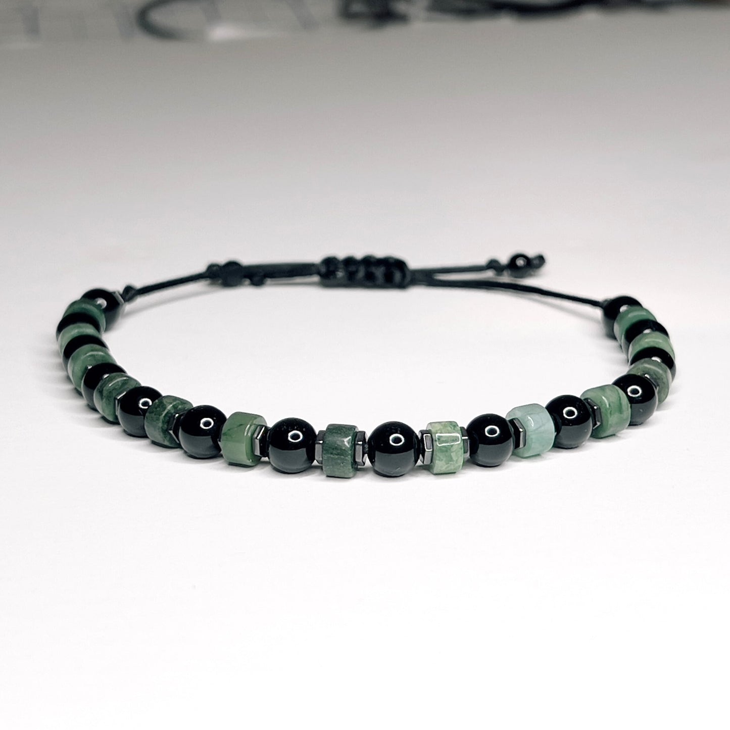 Green Jade & Black Onyx Bracelet, Adjustable and Waterproof Gemstone Bracelet with Initial