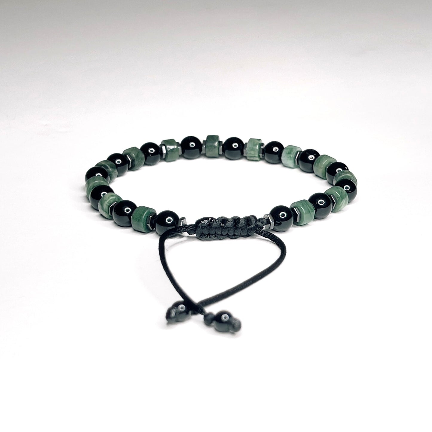 Green Jade & Black Onyx Bracelet, Adjustable and Waterproof Gemstone Bracelet with Initial