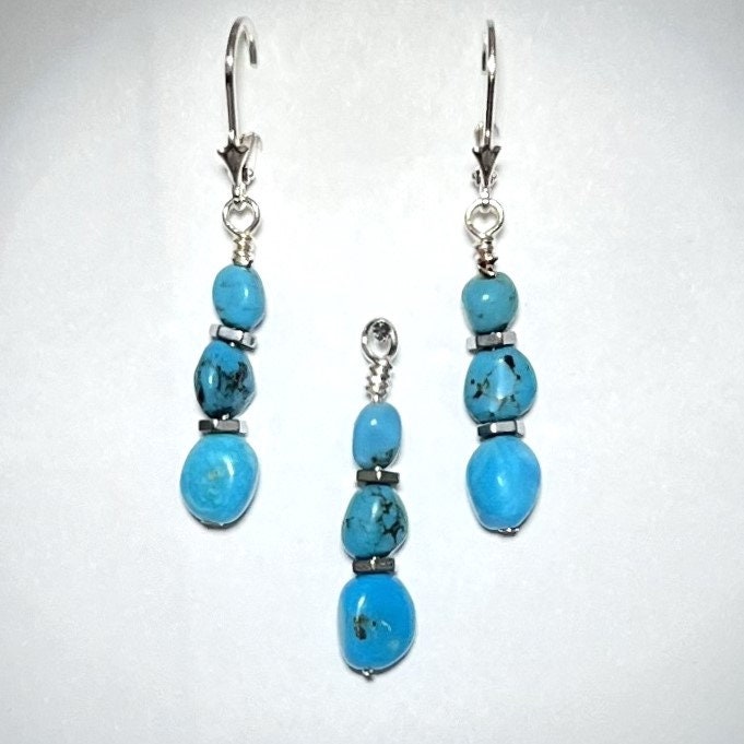 Sleeping Beauty Turquoise Jewelry Set – Sterling Silver Earrings & Pendant, Natural Arizona ... - side view