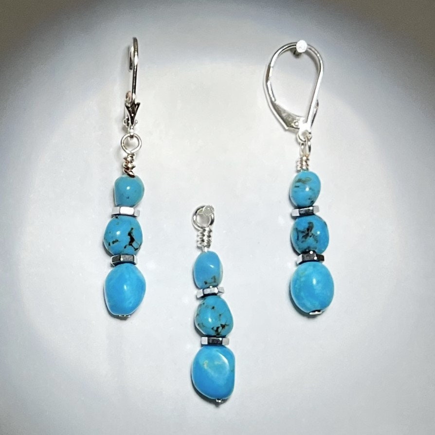 Sleeping Beauty Turquoise Jewelry Set – Sterling Silver Earrings & Pendant, Natural Arizona ... - worn view