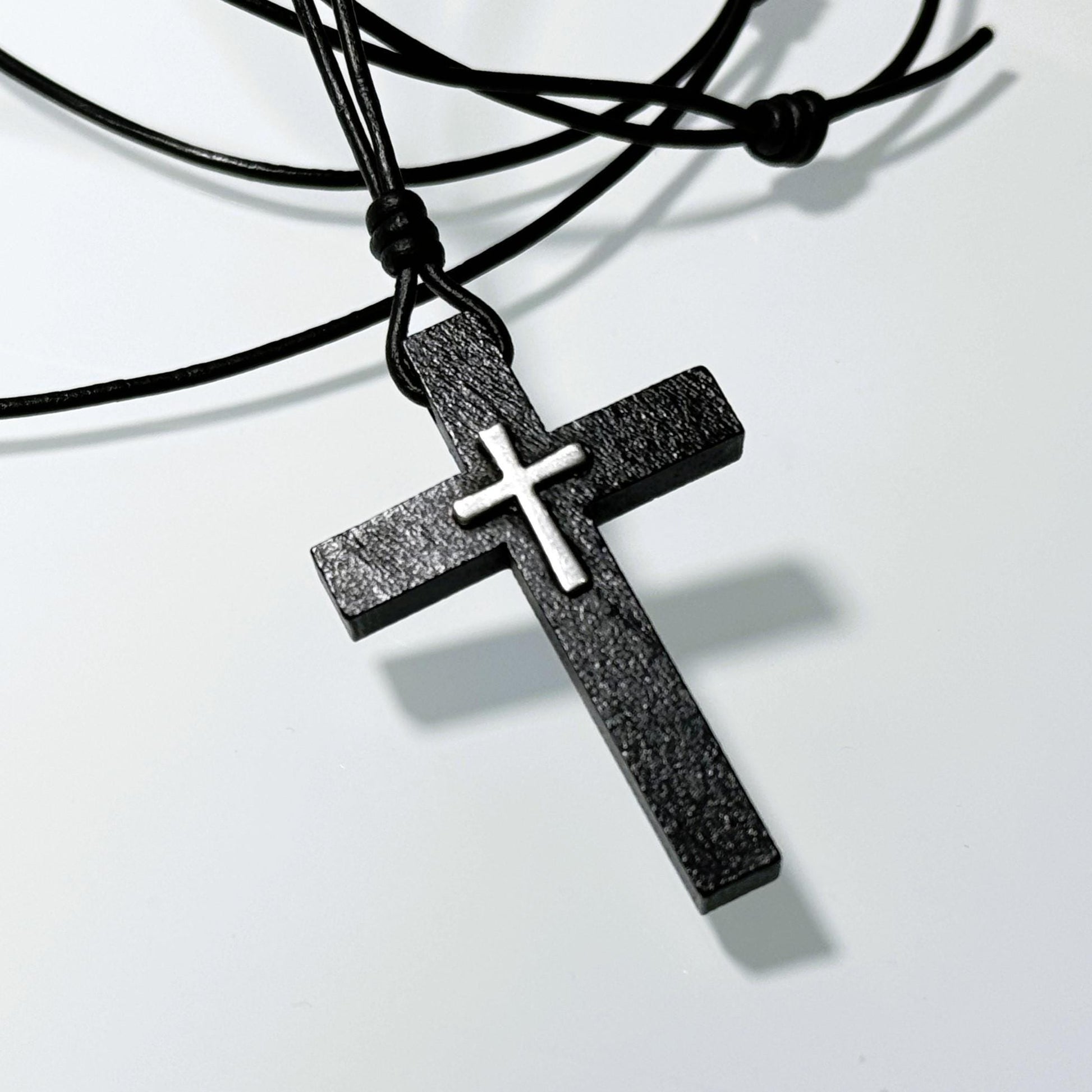 Black Wood Cross Necklace - on model