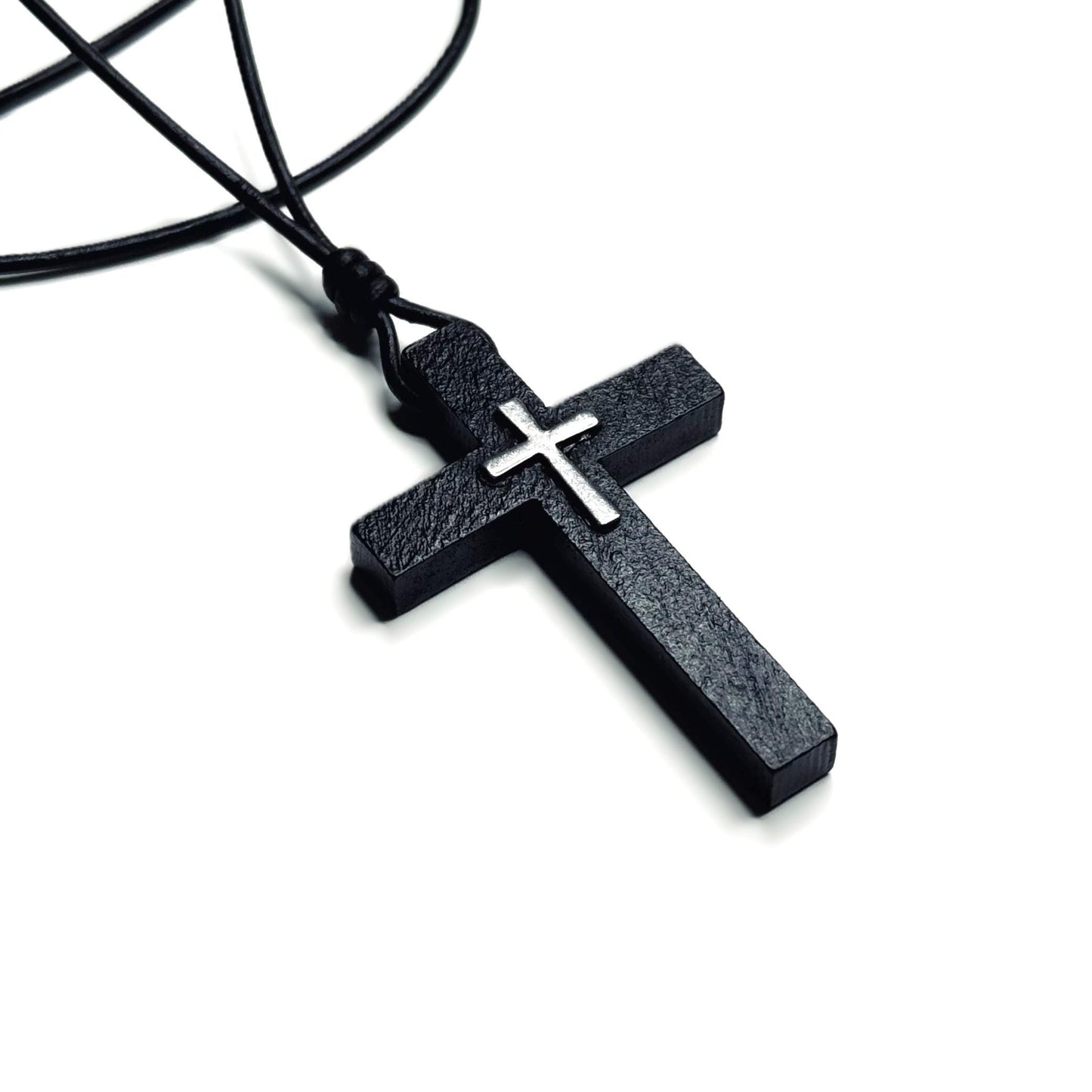 Black wooden or brown wooden cross necklace on a leather cord. Adjustable between 16 and 26 inches. Great gift for men, women, or children. It can be personalized with gemstone or initial.