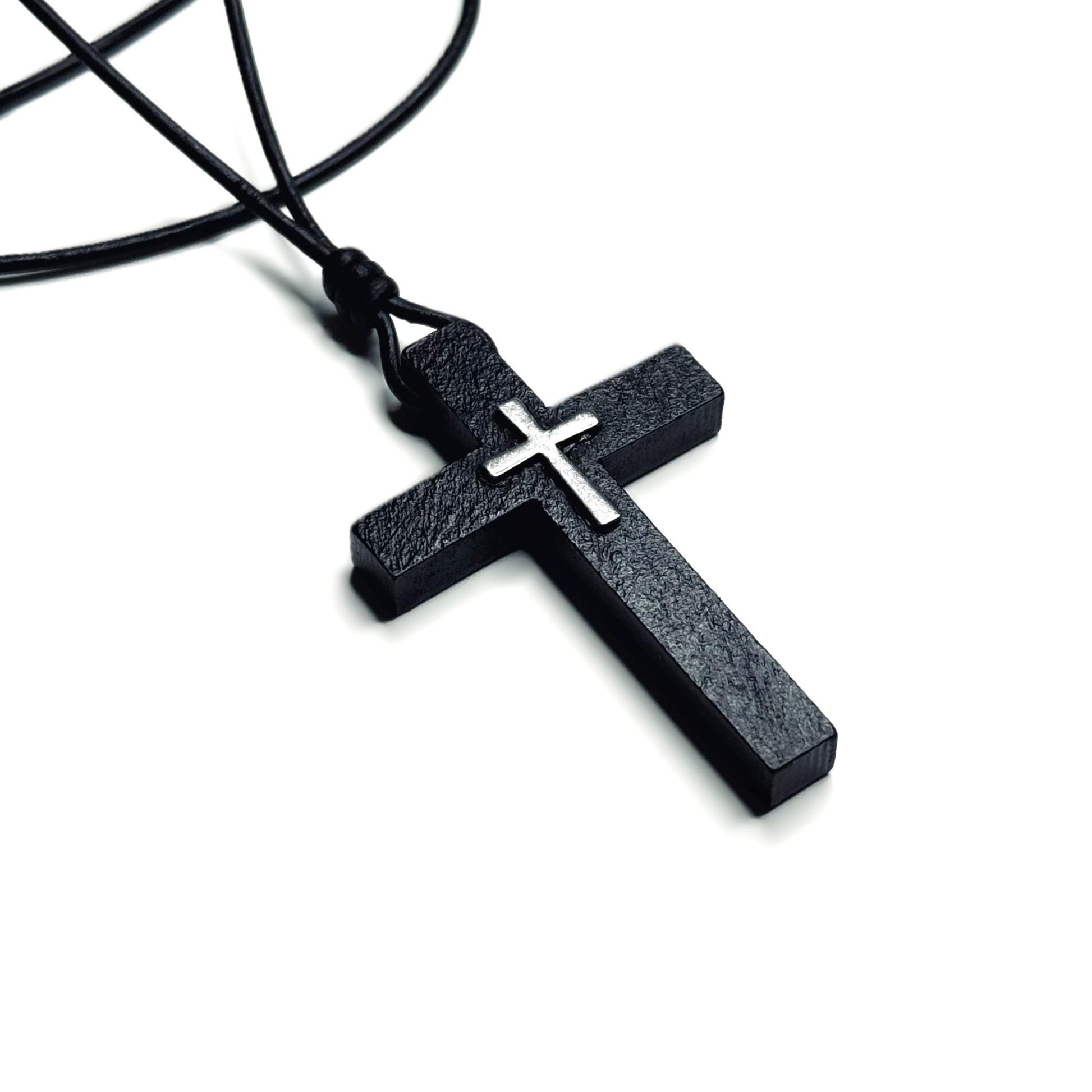 Black wooden or brown wooden cross necklace on a leather cord. Adjustable between 16 and 26 inches. Great gift for men, women, or children. It can be personalized with gemstone or initial.