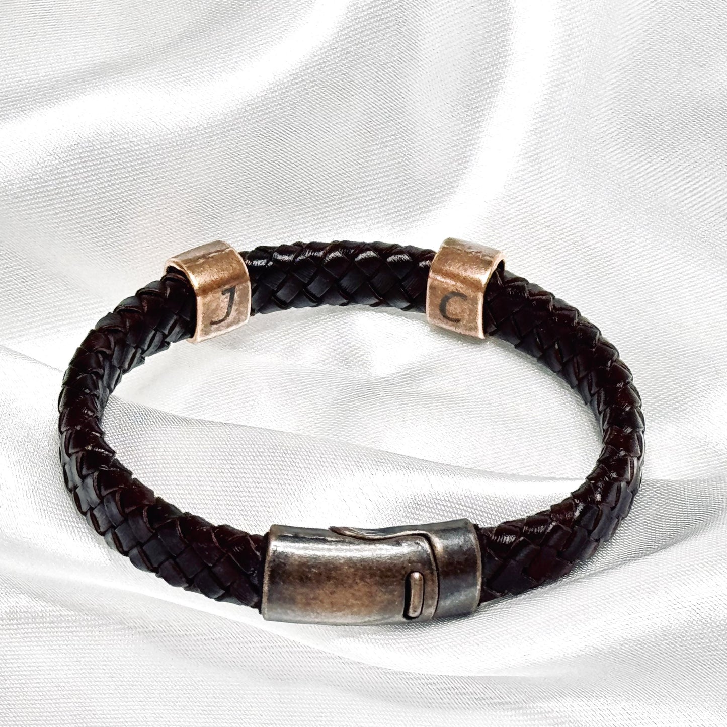 Braided Leather Bracelet with Antique Copper & Magnetic Clasp – Personalized Hidden Engravings, Custom Leather Anniversary Gift