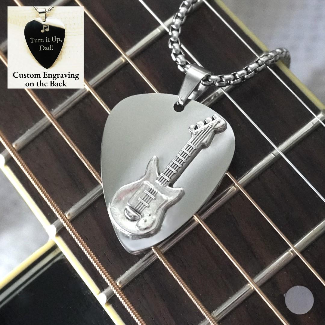 Custom Stainless Steel Guitar Pick Necklace with an electric guitar on one side and custom engravings on the backside. Meticulously crafted for music lovers with personalized engravings that make each piece a unique, memorable keepsake.