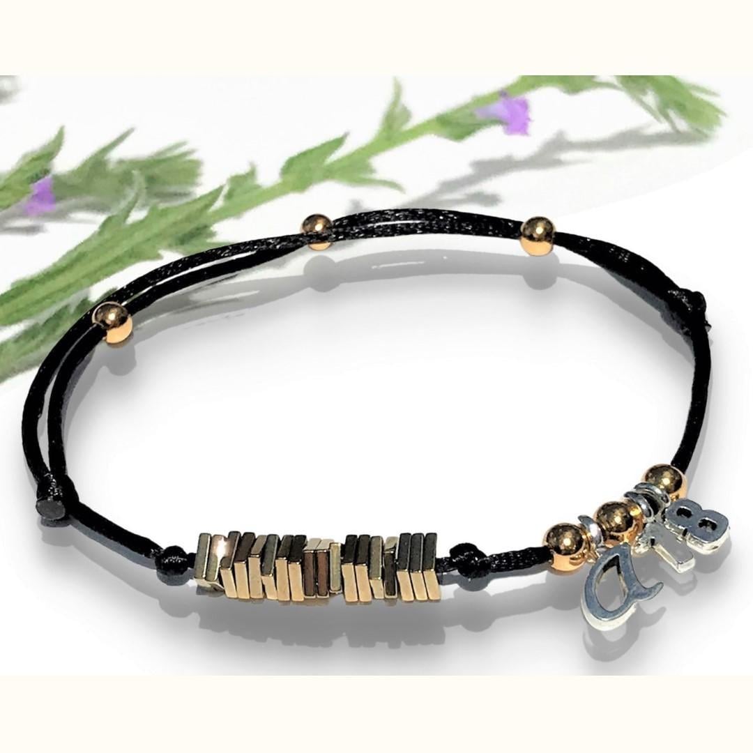 Gold Hematite Birthday Bracelet: Personalized Initial Charm, Adjustable, Milestone Bracelet