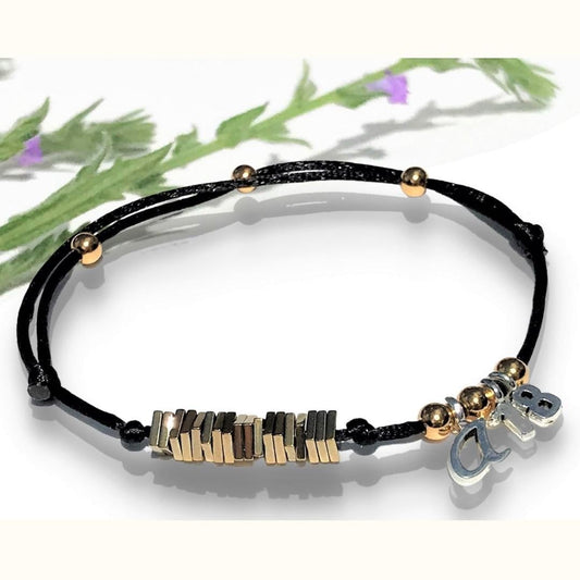 Gold Hematite Birthday Bracelet: Personalized Initial Charm, Adjustable, Milestone Bracelet