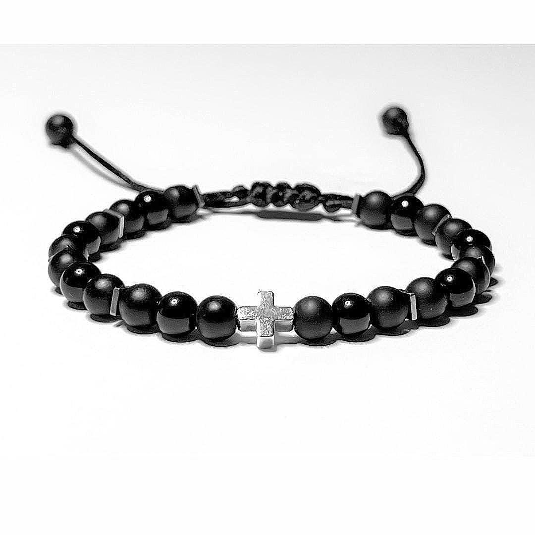 Personalized Onyx Christian Bracelet with White Gold Cross, Adjustable Gift for Men and Women