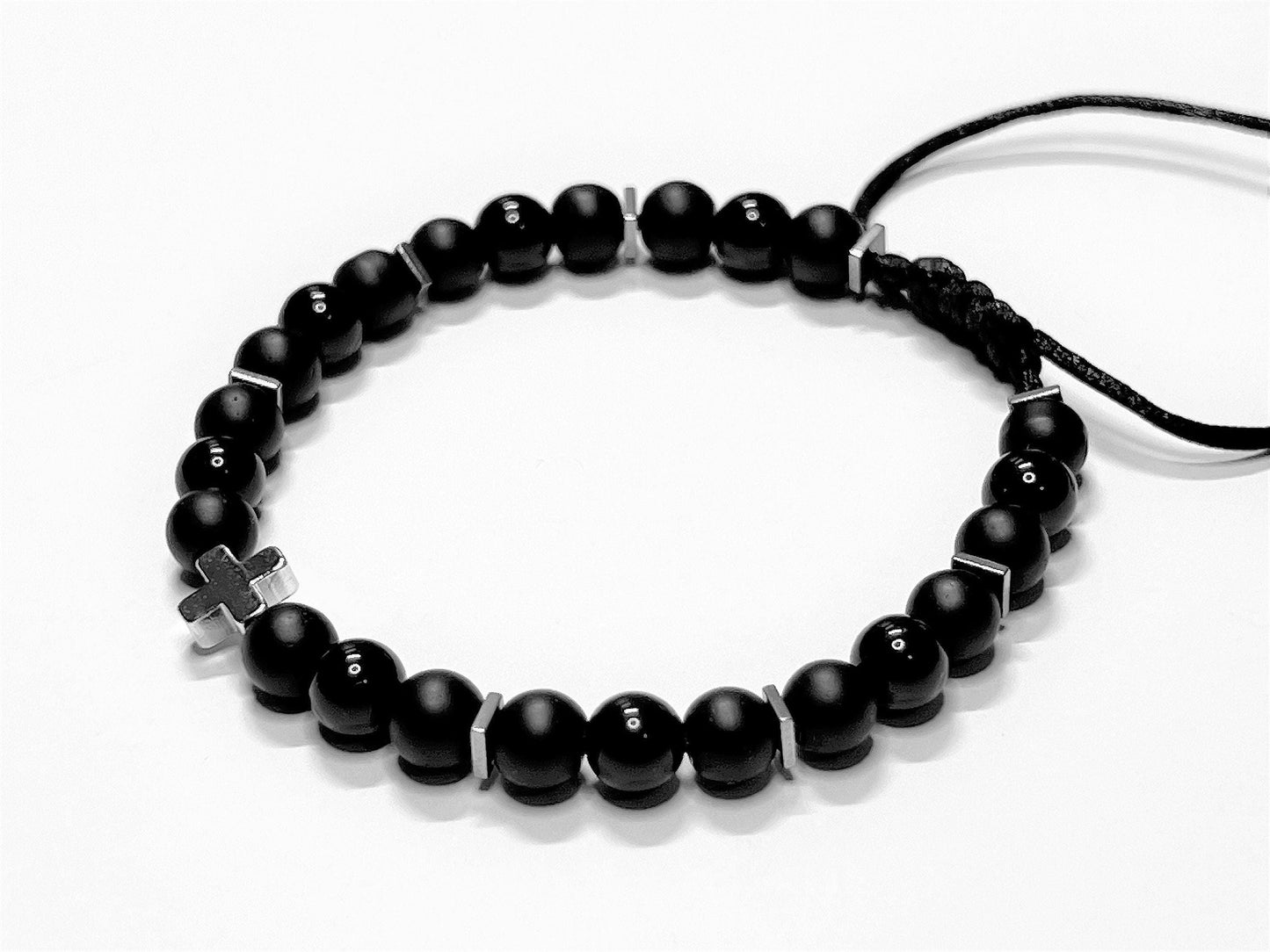 Personalized Onyx Christian Bracelet with White Gold Cross, Adjustable Gift for Men and Women