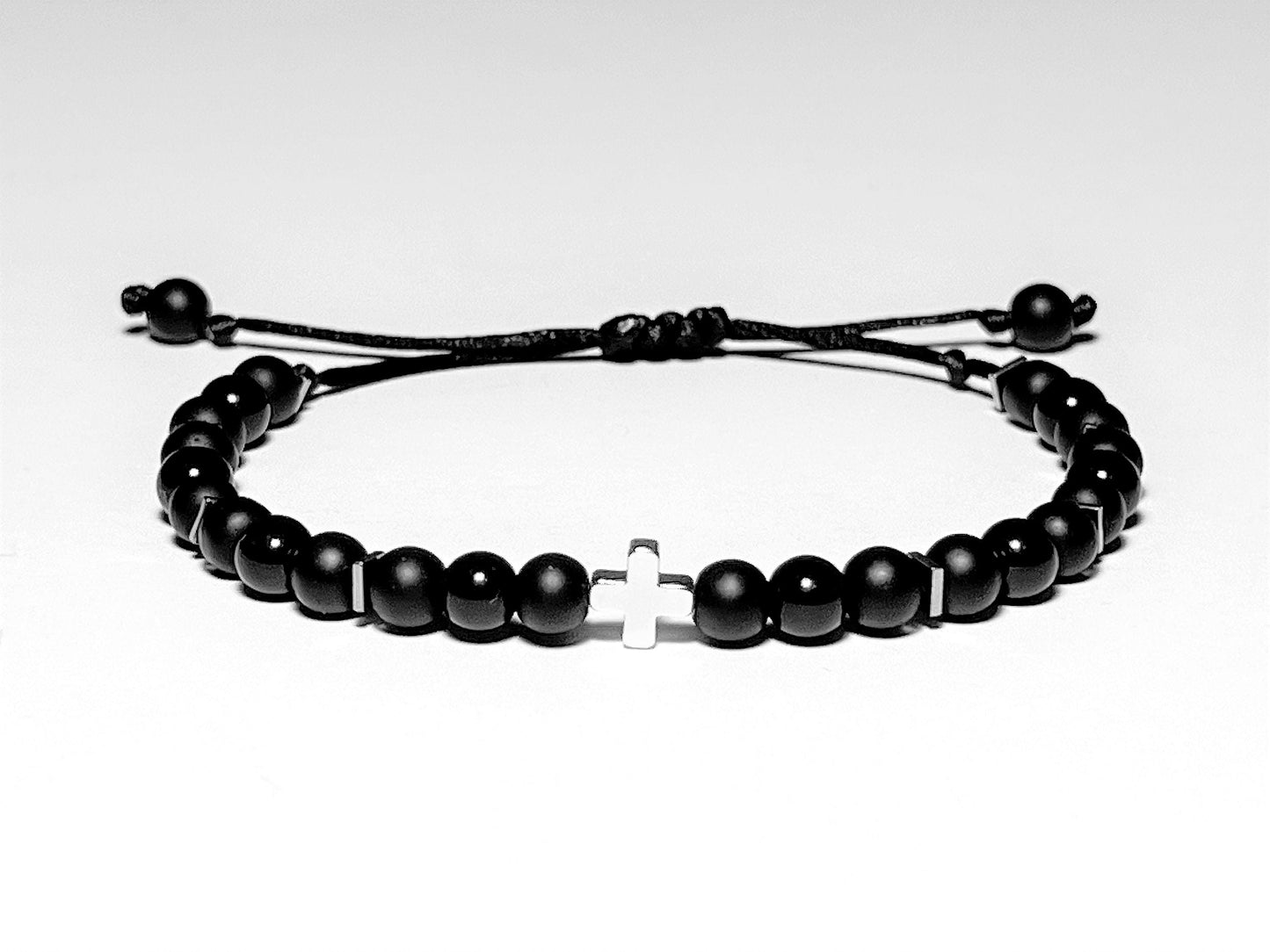 Personalized Onyx Christian Bracelet with White Gold Cross, Adjustable Gift for Men and Women