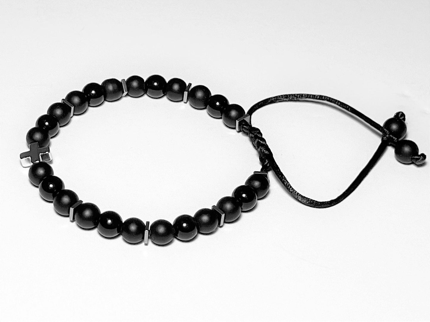 Personalized Onyx Christian Bracelet with White Gold Cross, Adjustable Gift for Men and Women